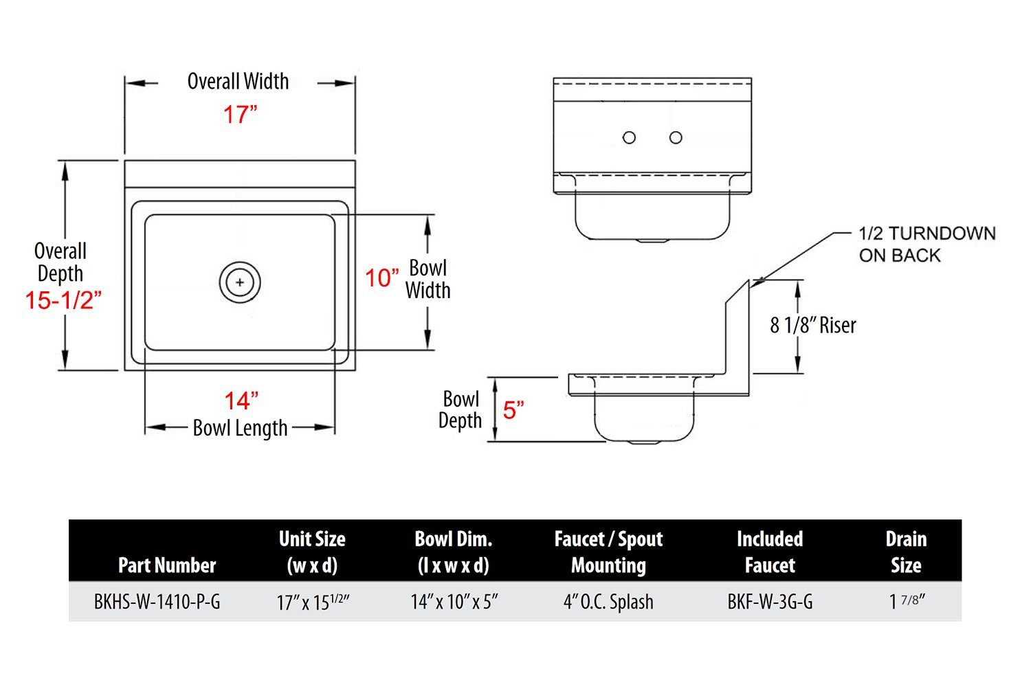 BK Resources BKHS-W-1410 Stainless Steel Wall Mount Hand Sink - 14