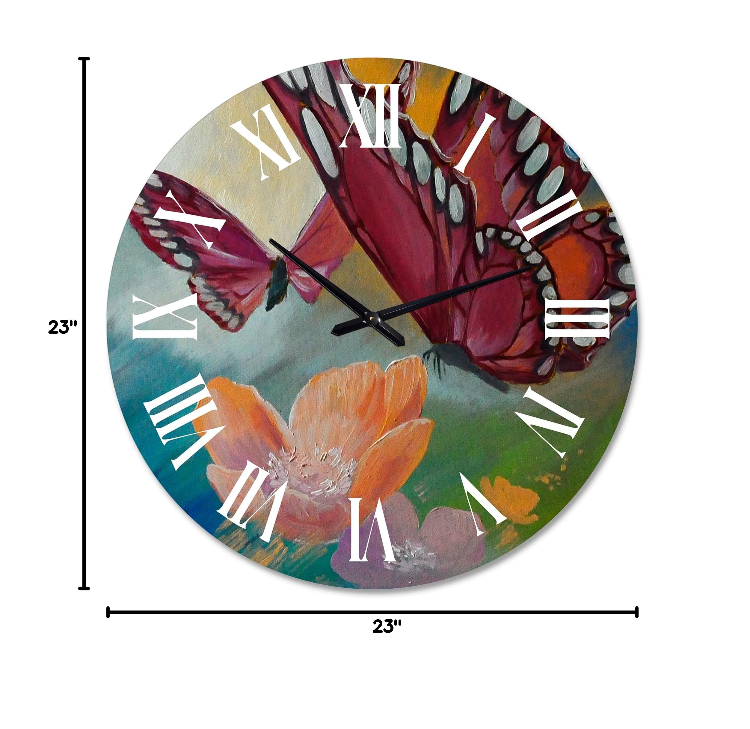 DesignQ Traditional Wall Clock 'Butterfly On Pink Flowers' - Large Landscape Nature Wall Clock for Living Room, Bedroom & Office Decor - Perfect for Home, Office & Gift Giving