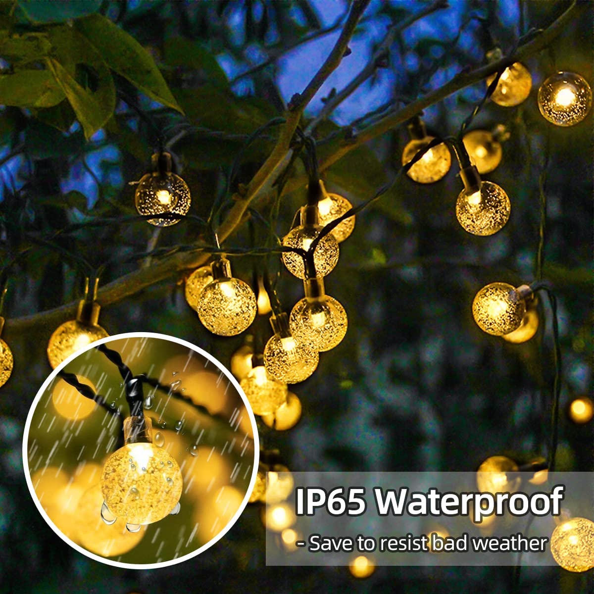 Solar Powered Outdoor String Lights - 20ft Waterproof IP65 LED Crystal Globe Hanging Lights for Patio, Backyard, Porch, Balcony | Perfect for Wedding Decor, Party Lighting & Camping (Warm White) | Create Magical Ambiance for Evening Gatherings & Special Events