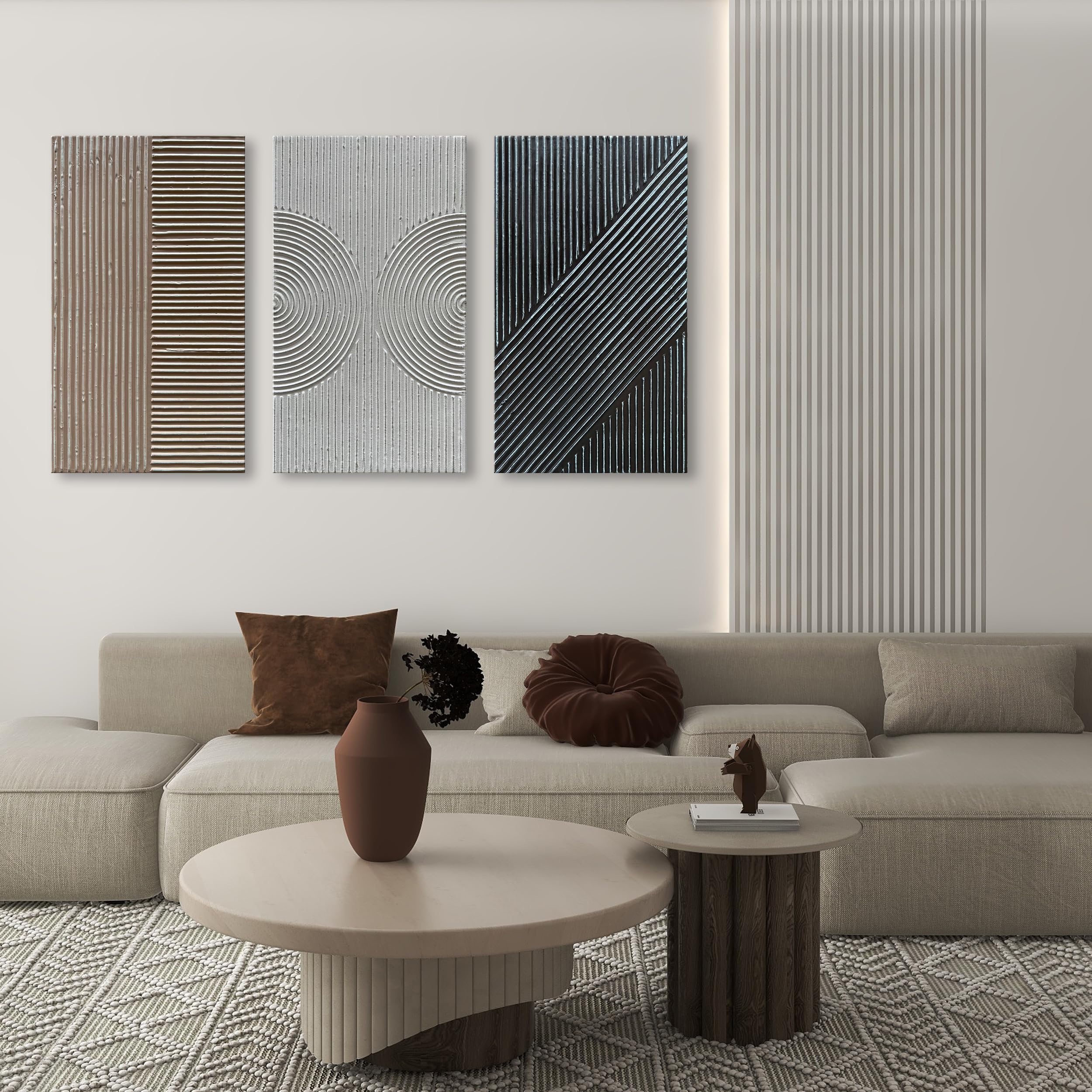 Hand-Painted Abstract Oil Painting - White, Black & Brown Texture - Contemporary Minimalist Wall Art - 28x16 Inch Set of 3 - Perfect for Living Room, Bedroom & Office Decor
