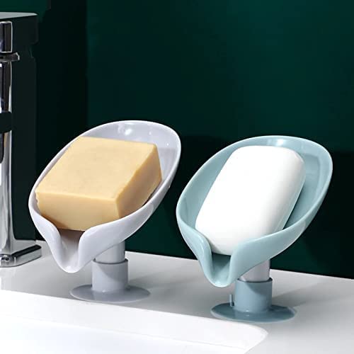 Self-Draining Plastic Soap Stand Holder for Bathroom & Kitchen Sink - Magic Stickers Included - Leaf Design Soap Dish (2-Pack) - Perfect for Showers, Countertops, and Vanity Organization