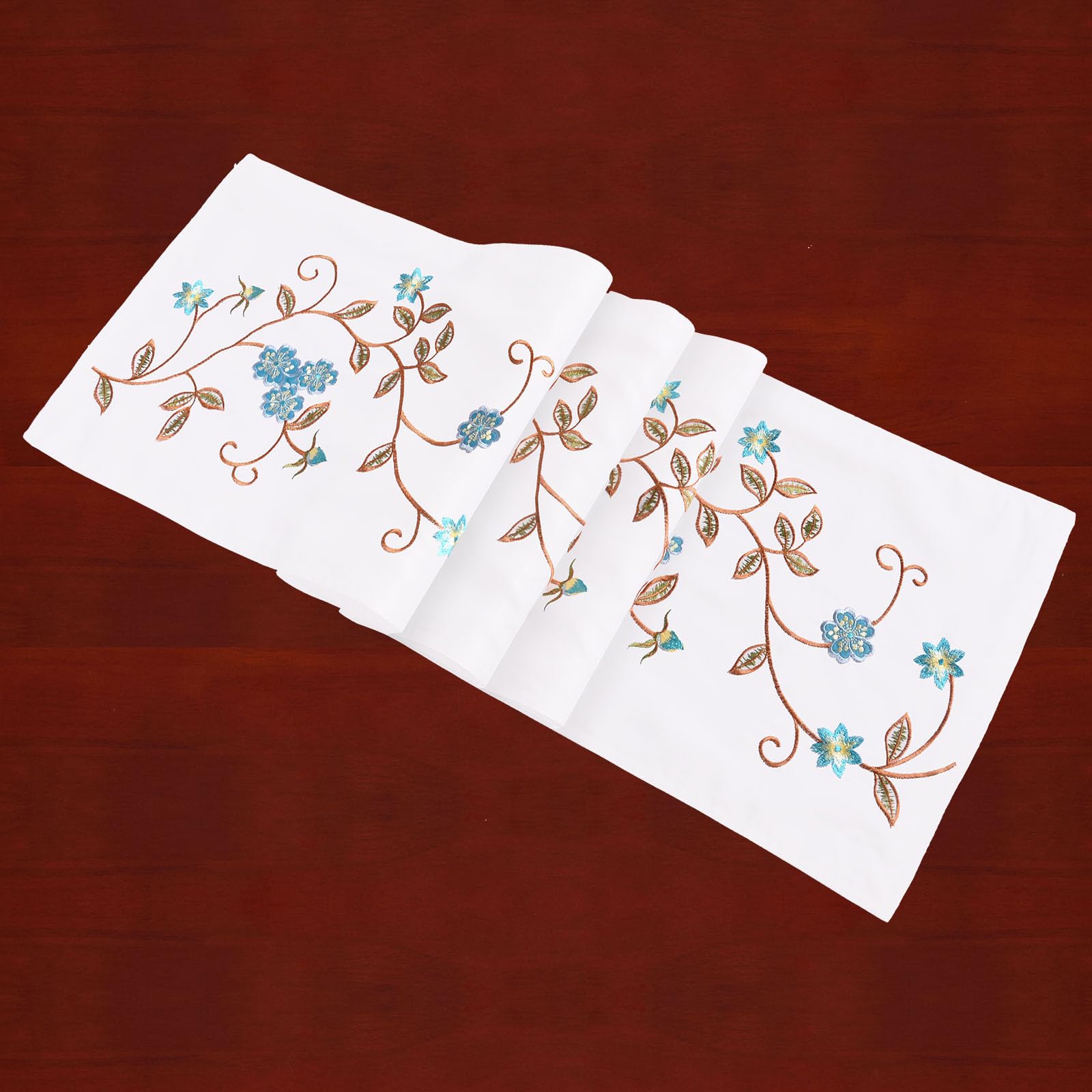 Simhomsen Double Thickness Rustic Embroidered Floral Table Runner - 14x35 Inch Farmhouse Decor for Dining Table, Buffet, Dresser - Spring Summer Home Decor in Teal Blue
