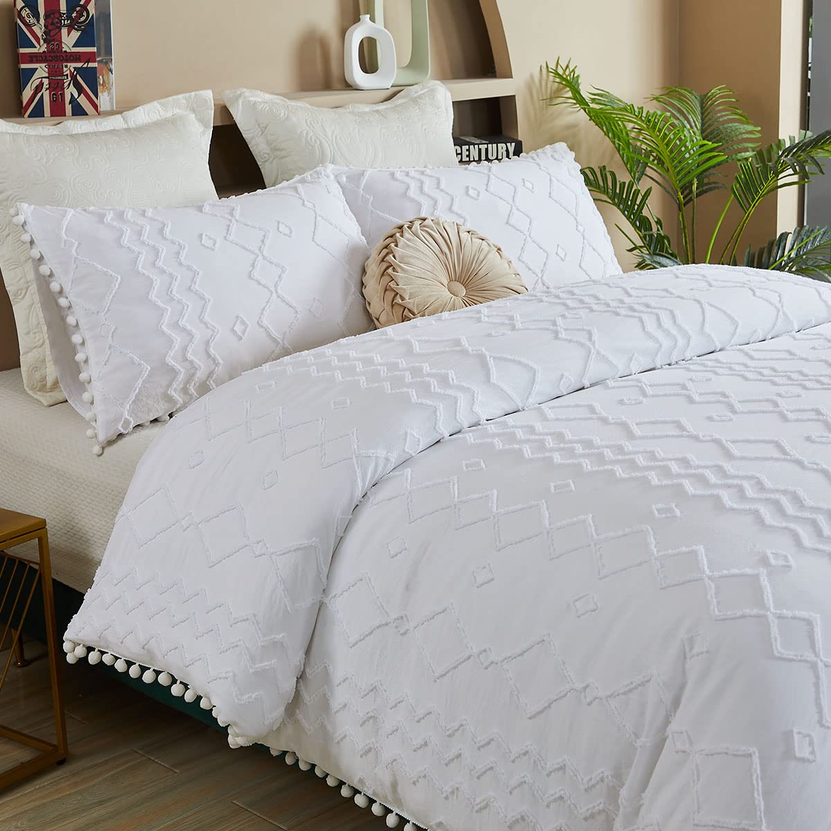 Boho Duvet Cover Queen Size - 3 Piece Cotton Farmhouse Bedding Set with White Pom Pom Trim | Reversible Soft Zipper Closure | Shabby Chic Home Decor for All Seasons | Perfect for Guest Rooms, Master Bedrooms & Cozy Boho Aesthetic