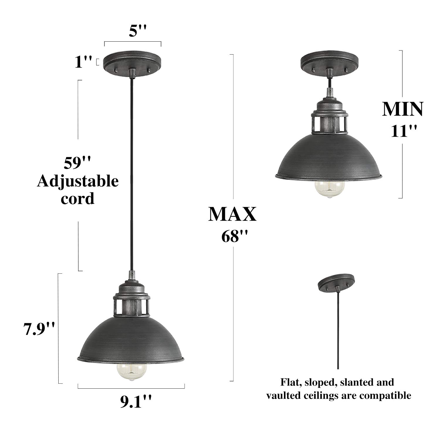 Optimant Industrial Pendant Lighting - Black & Silver Brushed Metal Light Fixtures for Kitchen Island, Bedroom, Dining & Living Room - Modern Hanging Lights for Home & Office Decor