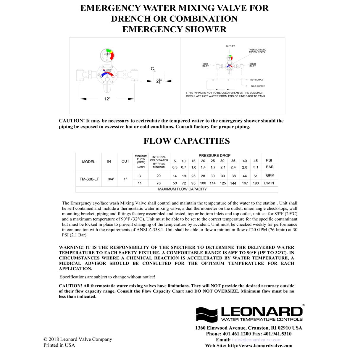 Leonard LF Single Drench Emergency Shower & Combination Thermostatic Mixing Valve - 20 GPM Flow Rate (TM 600 LF) for Industrial Safety & Laboratory Use