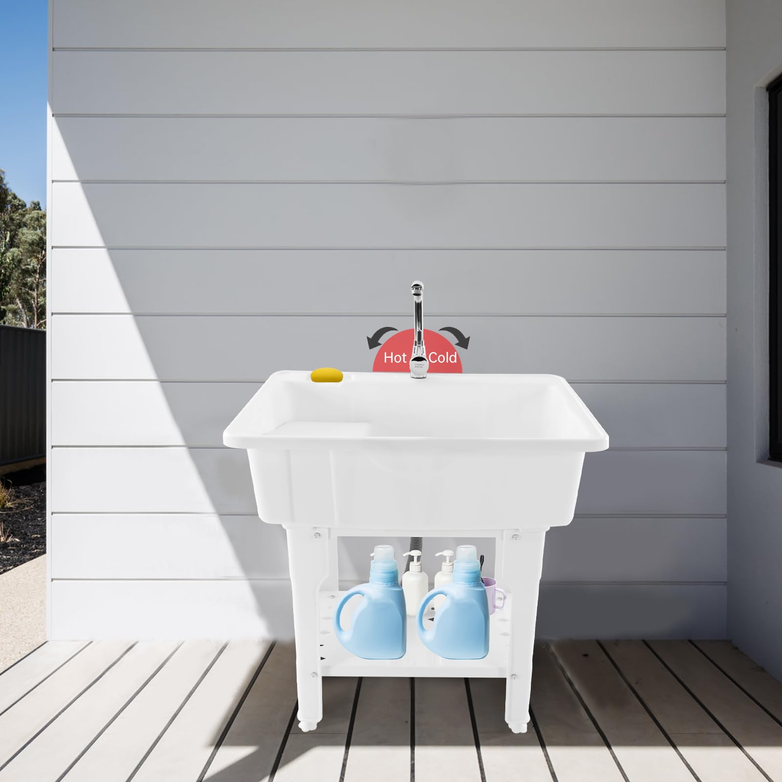 Freestanding Plastic Laundry Sink with Washboard - 25.59x21.65x31.5 Inch Utility Sink with Hot/Cold Faucet, Hoses & Drain Kit - Perfect for Garage, Basement, Garden & Outdoor Cleaning Tasks