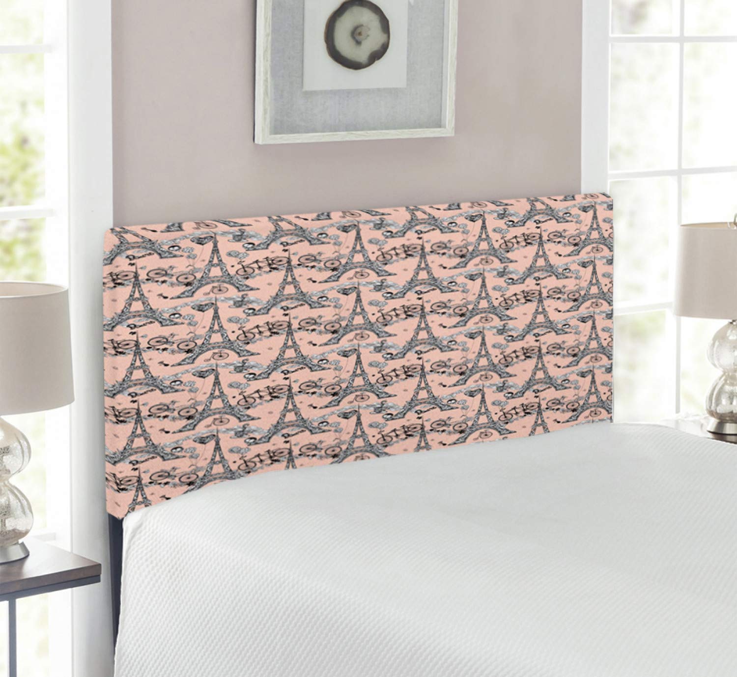 Ambesonne Eiffel Tower Headboard - Vintage Bicycle & Heart Balloon Parisian Design, Upholstered Metal Bed Frame with Memory Foam Support, Twin Size in Pale Salmon Black White - Perfect for Paris-Themed Bedrooms & Cozy Guest Rooms