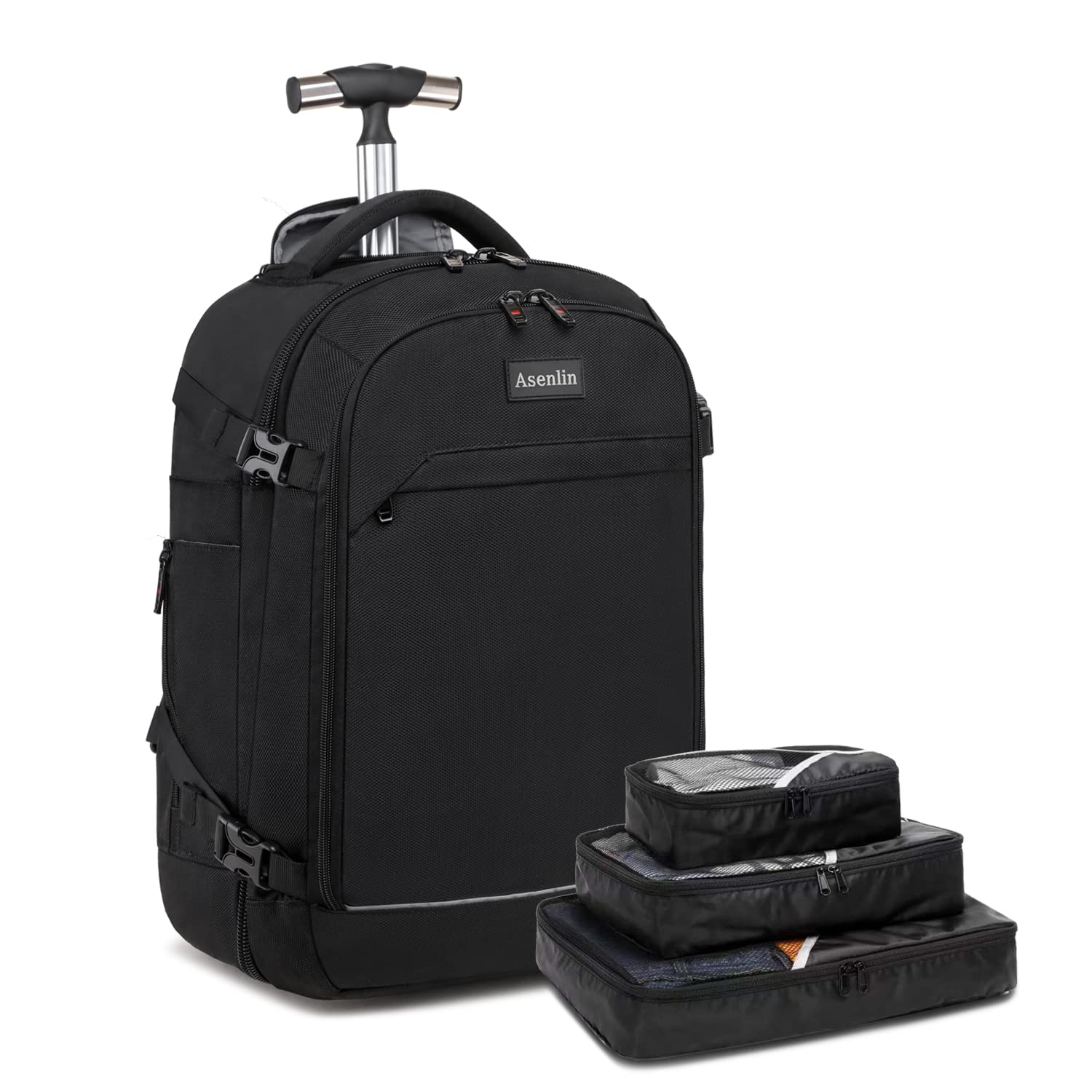 Asenlin 40L Rolling Backpack for Travel & Business - Water Resistant Wheeled Laptop Backpack Fits 15.6-17 Inch Notebook - Durable Roller Computer Backpack for Men & Women (Black) - Perfect for Air Travel, Commuting & College Campus Use