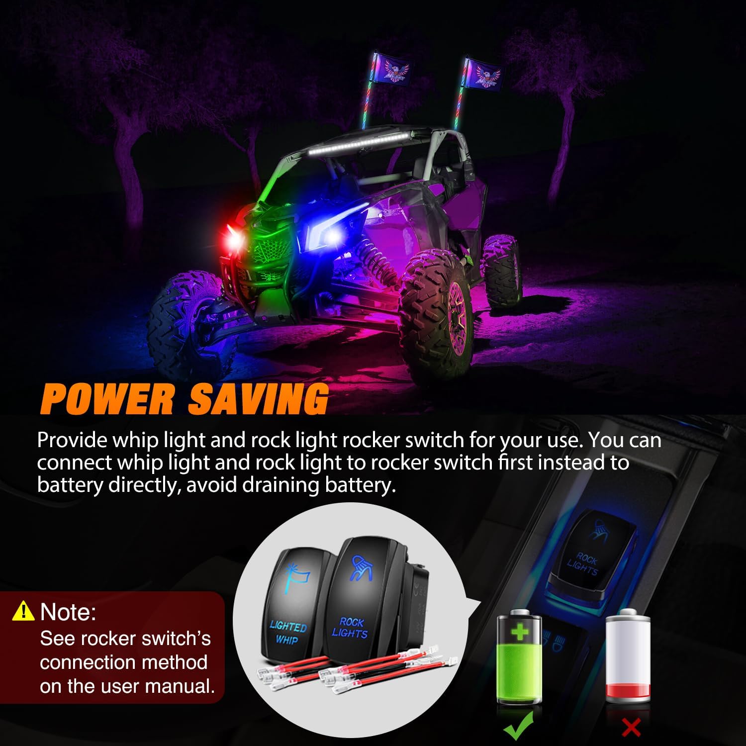 2Pcs 3FT Spiral Antenna Bluetooth Remote App Controlled LED Whip Lights | 8Pcs RGB Rock Lights | 5Pin Wire Switch Kit for Off-Road Vehicles, ATV, UTV, Jeep & Truck Night Riding & Adventure