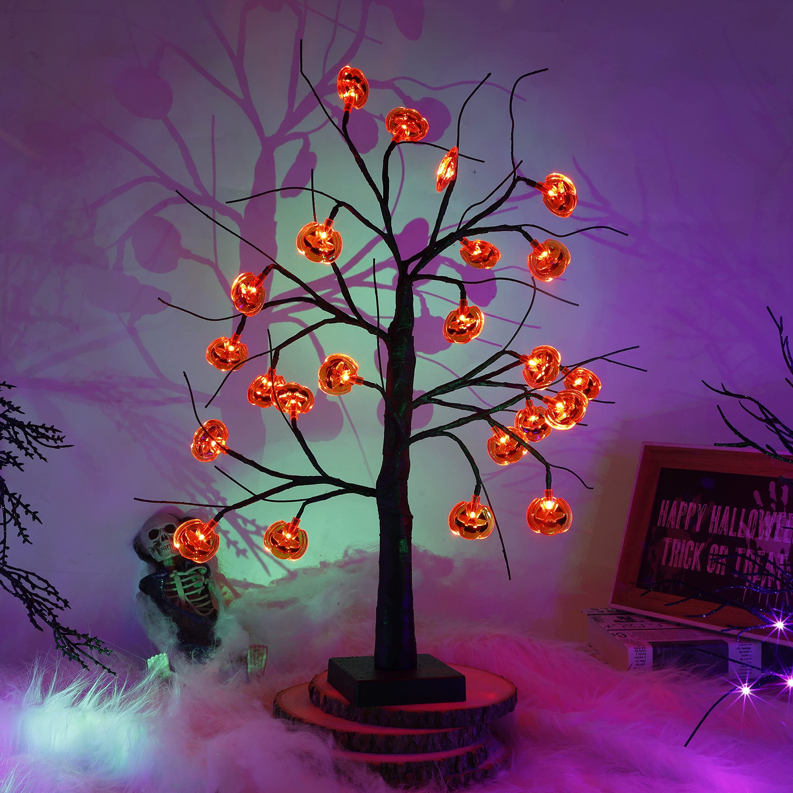 Kemooie 2Ft Halloween Tabletop Tree with Lights - Battery Operated Black Birch Tree Decor with 24 Pumpkin Ornaments - Spooky Indoor/Outdoor Halloween Decor for Desk, Table Setting, Party & Home Decoration