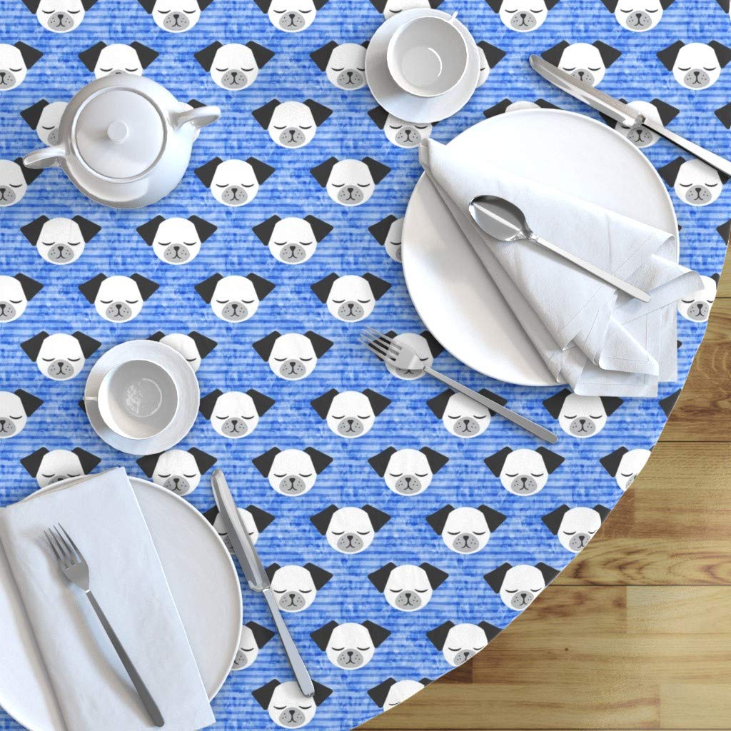 Cute Blue and White Pug Puppy Dog Stripes Cotton Sateen Tablecloth - 70 Inch Round Custom Printed Table Linens for Baby Boy Nursery, Kids Room Decor & Pet Lover Dining