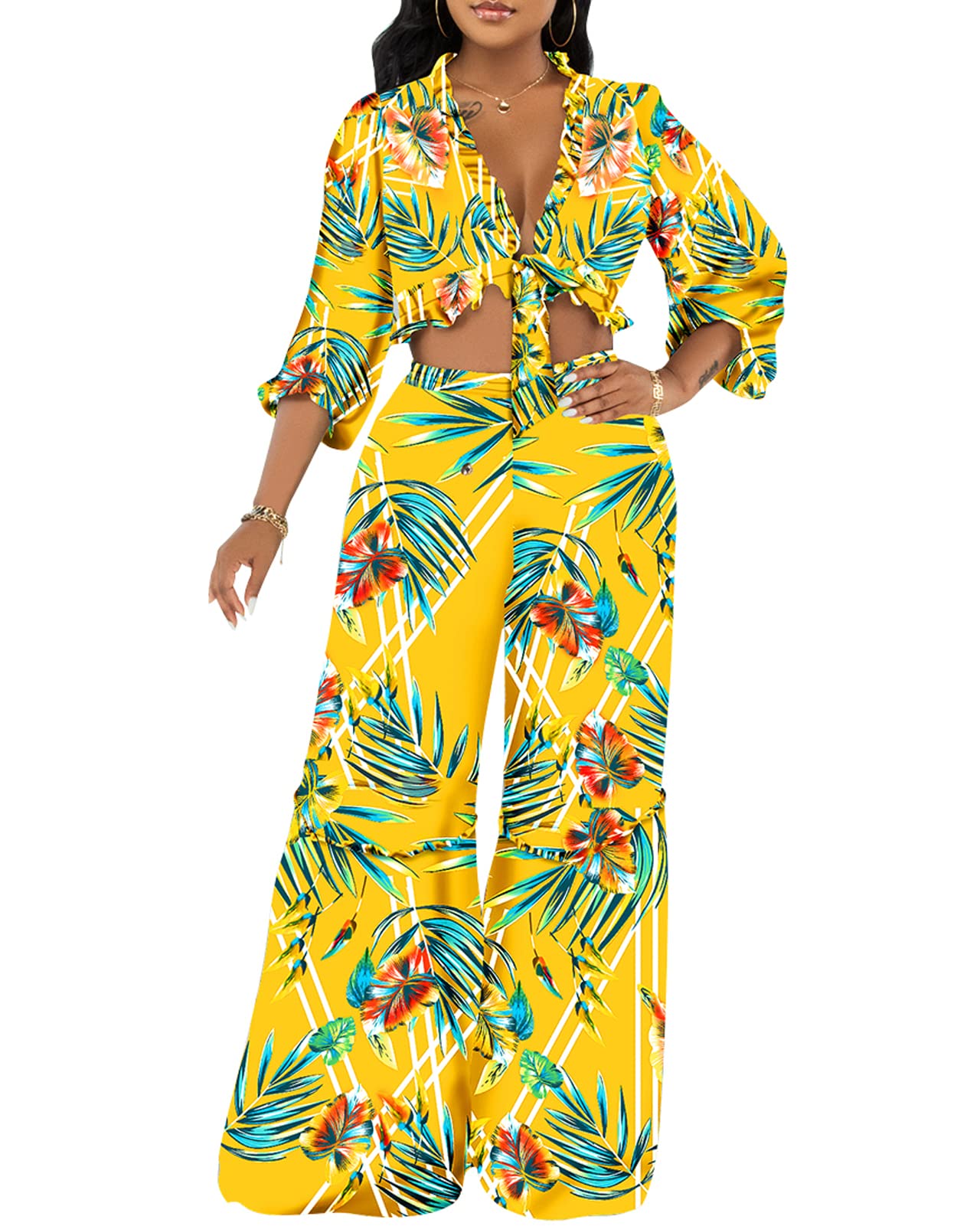 2 Piece Outfits for Women Summer - Boho Floral Print Crop Top & Shorts Set - Casual Romper Jumpsuit for Beach Vacation, Music Festival & Summer Outings