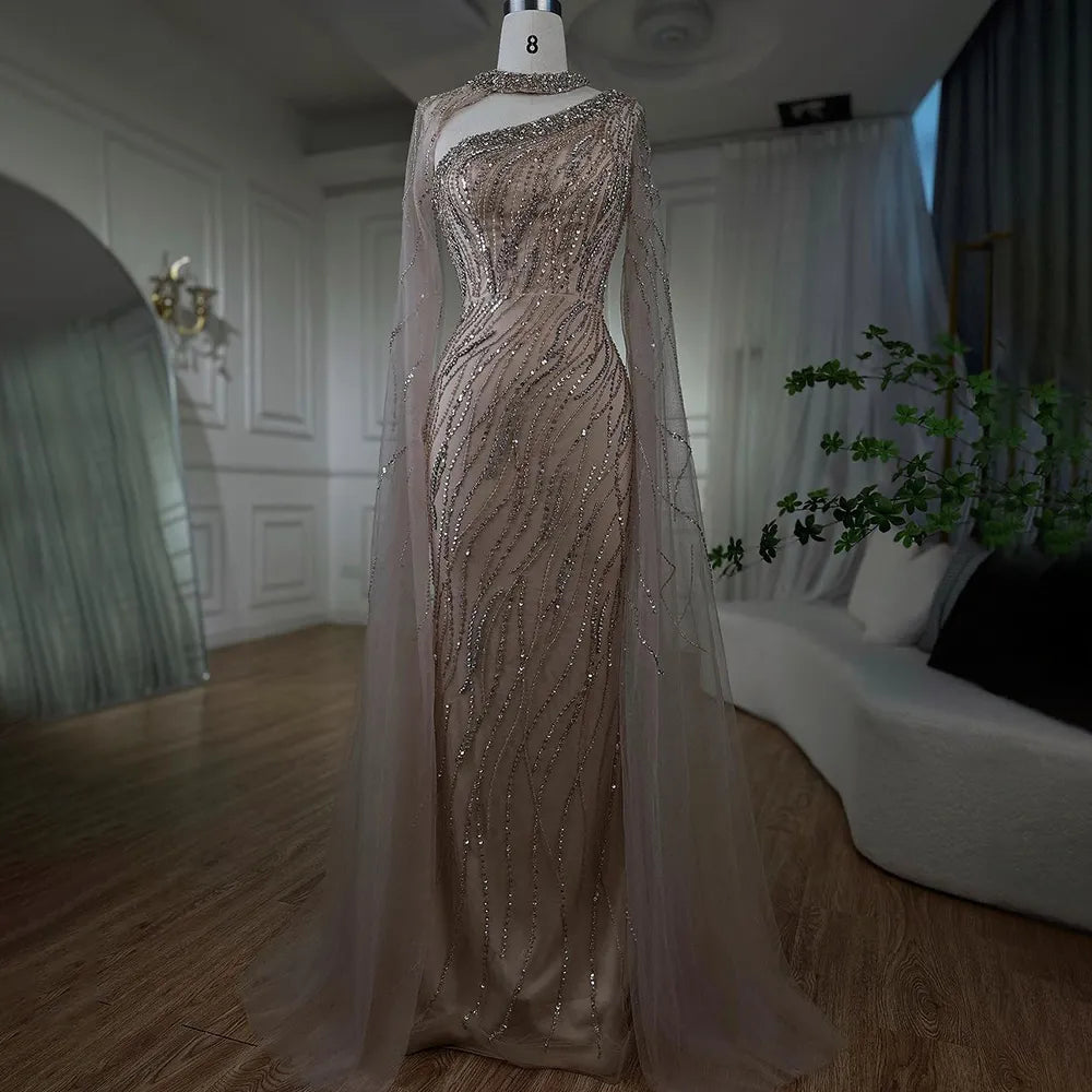 Elegant Black Mermaid Evening Gown with Cape Sleeves & Beaded Details - Luxury Women's Formal Dress for Arabic Parties, Prom, Gala & Special Occasions - Serene Hill Collection LA72112