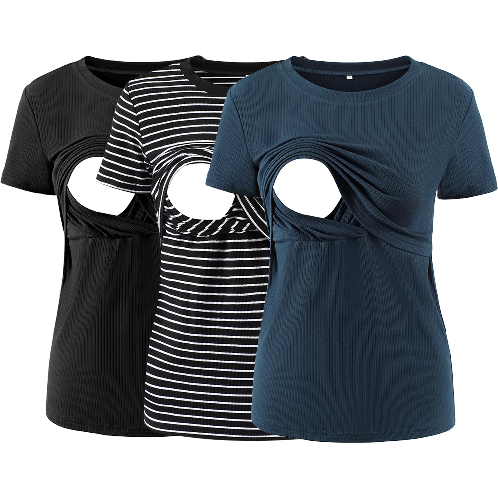 Liu & Qu Women's Maternity Nursing Tops - 3 Pack Soft Ribbed Short Sleeve Breastfeeding Shirts for Comfortable Pregnancy & Nursing - Perfect for Daily Wear, Work & Outings