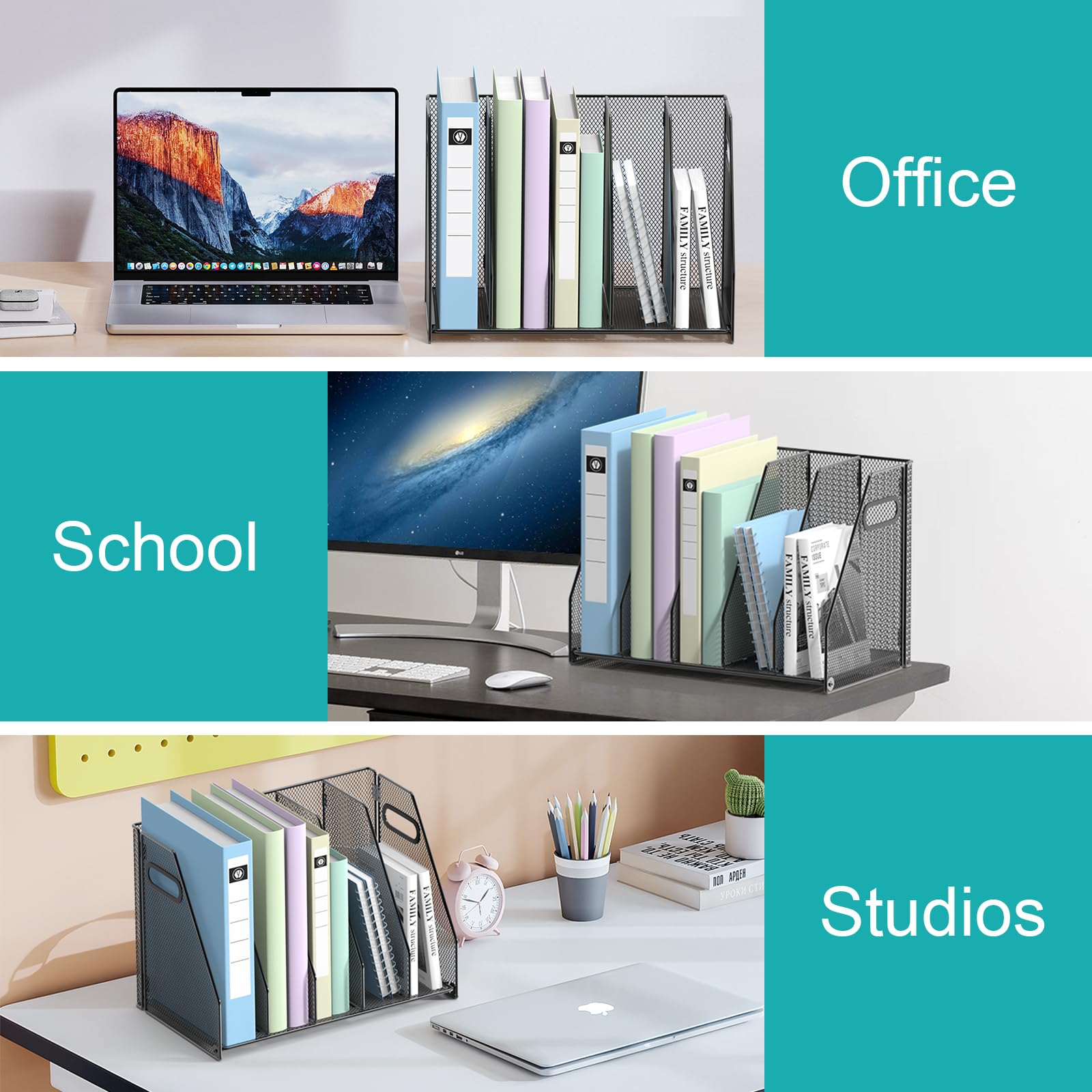 Metal Desk File Organizer with 5 Vertical Compartments - Magazine & Binder Holder for Office, Home & School - Black Desktop Organizer for Documents, Books and Office Supplies