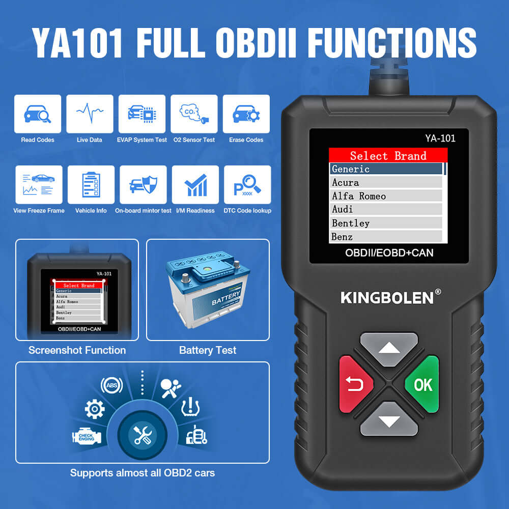 KINGBOLEN® YA101 OBD2 Scanner - Professional Car Diagnostic Tool for Check Engine Light, Read & Clear Fault Codes - Perfect for DIY Auto Repair & Vehicle Maintenance
