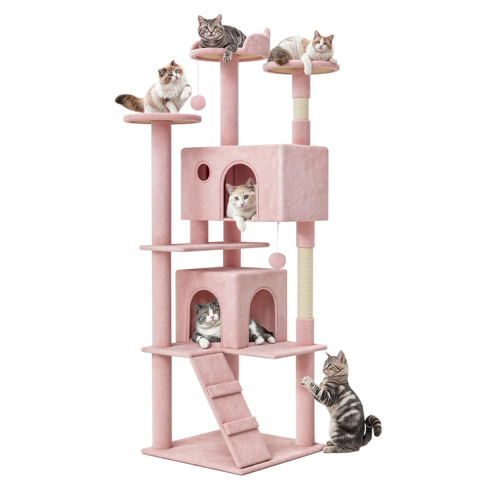 MoNiBloom 70 Inch Cat Tree Tower with 2 Condos, Scratching Posts & Perches - Tall Cat Climbing Furniture for Indoor Cats (Soft Pink) - Perfect for Small Spaces, Apartments & Multi-Cat Homes