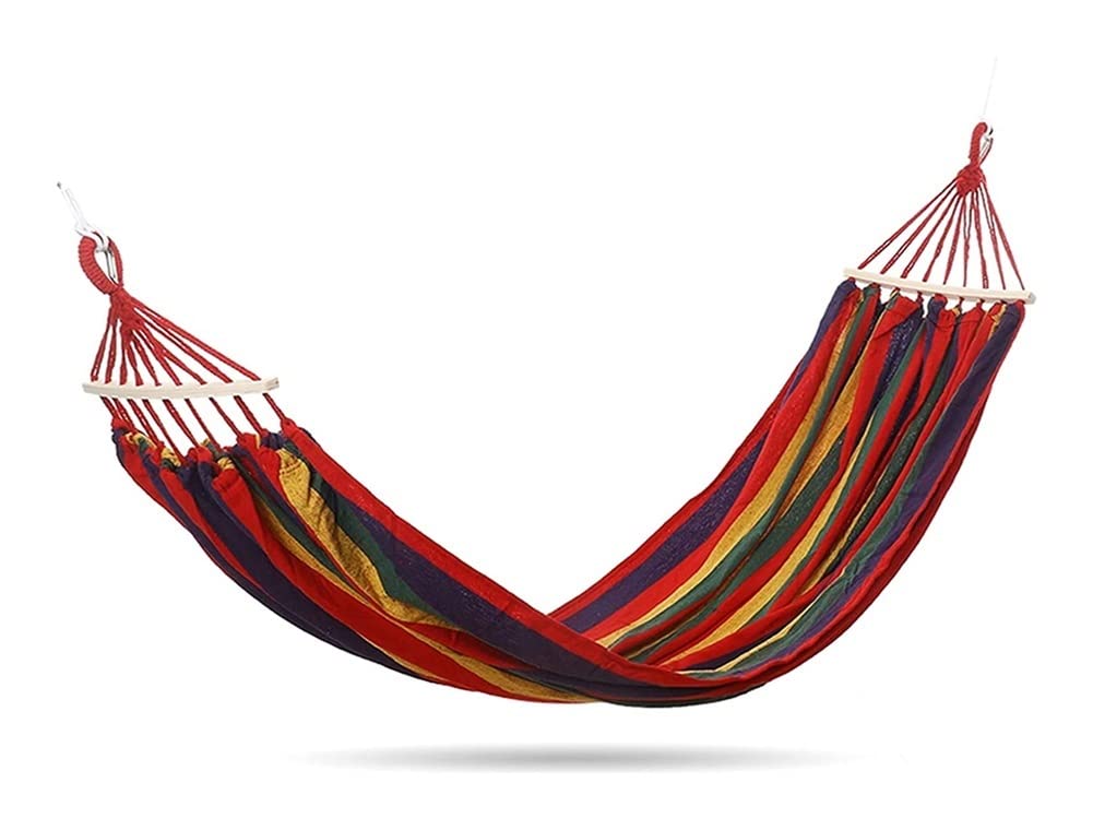 FEXMOS Portable Camping Hammock - Lightweight Outdoor Hammock for Travel, Backpacking, Garden & Terrace - Indoor/Outdoor Hanging Bed with Striped Design (Single Red) - Perfect for Relaxing, Lounging & Adventure Trips