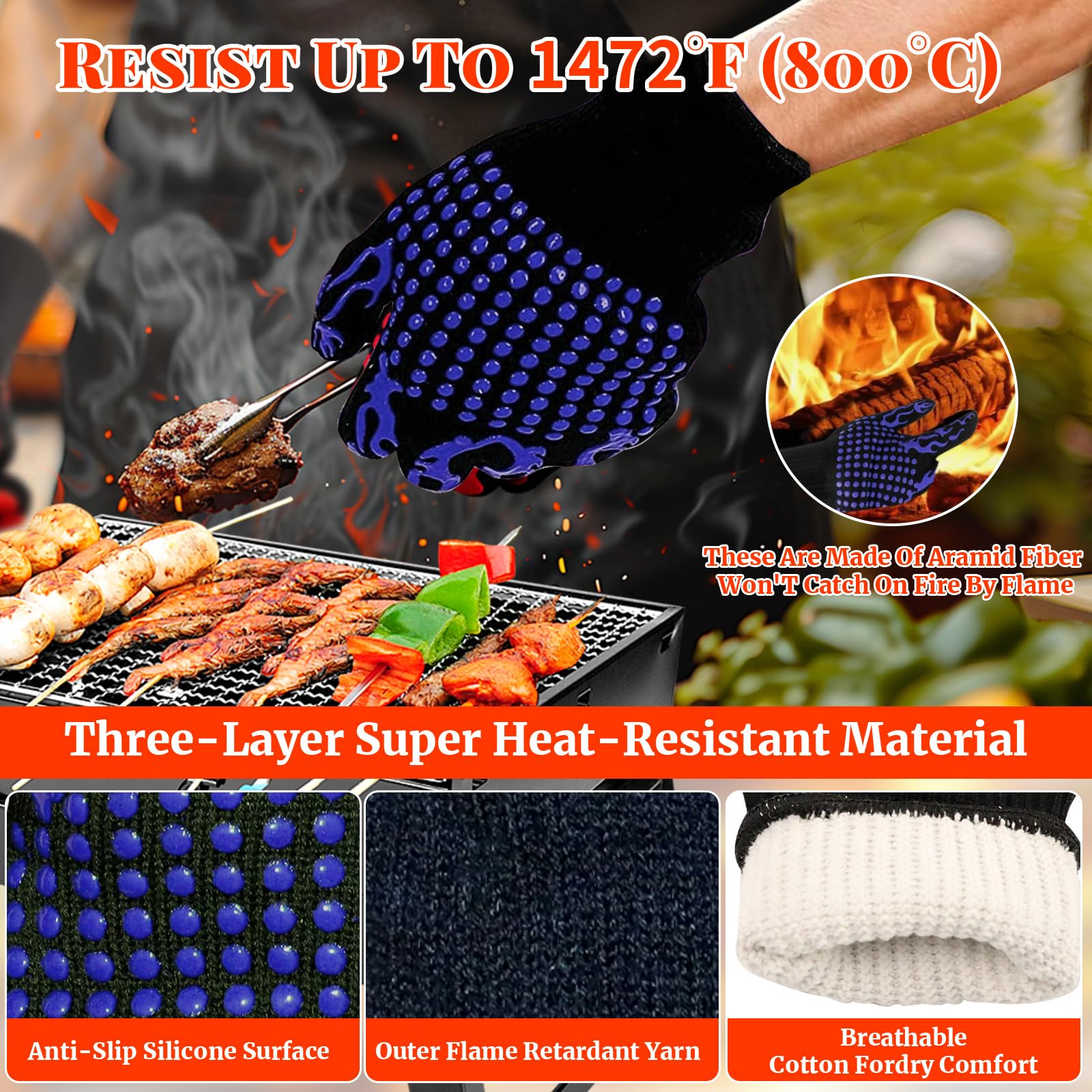 Heat Resistant BBQ Grill Gloves for Blackstone Griddle & Smoker - 1472°F High Temperature Protection with Non-Slip Silicone Palm Pads - Perfect for Barbecue Cooking, Grilling, Cutting & Oven Use (Blue)