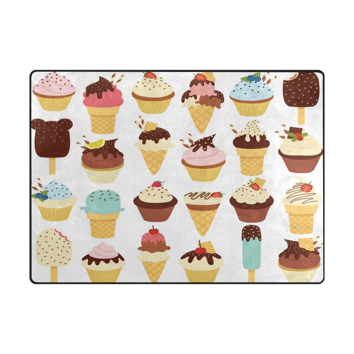 ALAZA Summer Cartoon Ice Cream Cupcake Strawberry Fruit Area Rug - Soft Non-Slip 7' x 5' Living Room Bedroom Rug for Kids Nursery, Dorm Decor | Perfect for Playroom, Girls Room & Home Decor