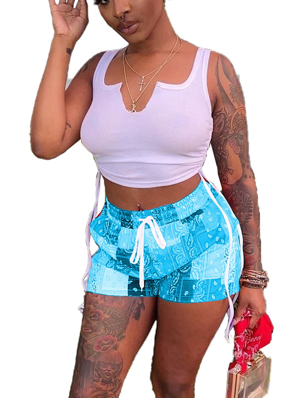 Acalyn Women's Sexy 2-Piece Short Sets - Summer Crop Top & Patchwork Shorts Outfit | Casual Beachwear, Vacation Outfits, Streetwear Fashion