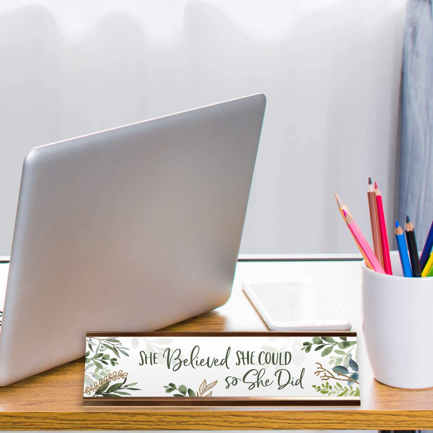 Inspiring Motivational Desk Nameplate - 'She Believed She Could' with Rose Gold Holder - Perfect for Office Decor, Gift for Women, Graduation, or Work from Home Inspiration