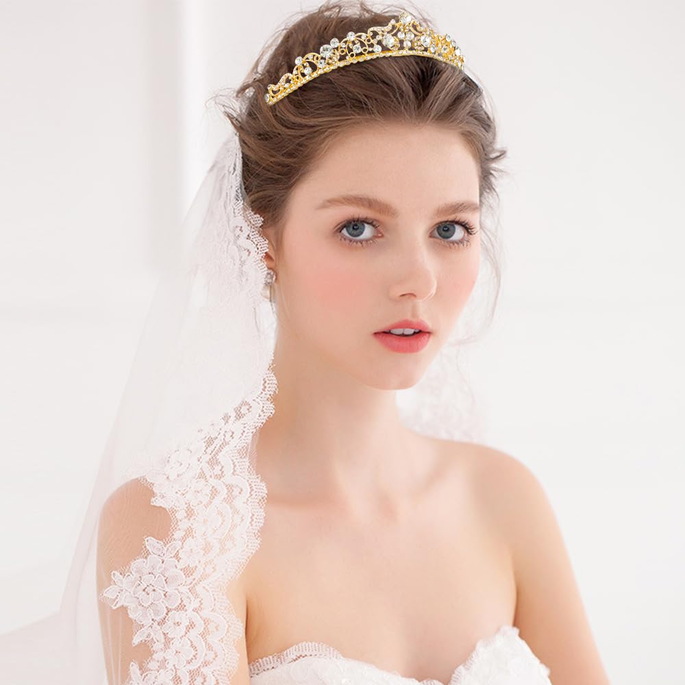 TOBATOBA Gold Wedding Tiaras for Bride - Rhinestone Princess Crowns for Women, Bridal Tiara, Small Tiara for Quinceanera, Birthday, Pageant & Halloween Costume Accessories | Perfect for Weddings, Parties & Special Occasions
