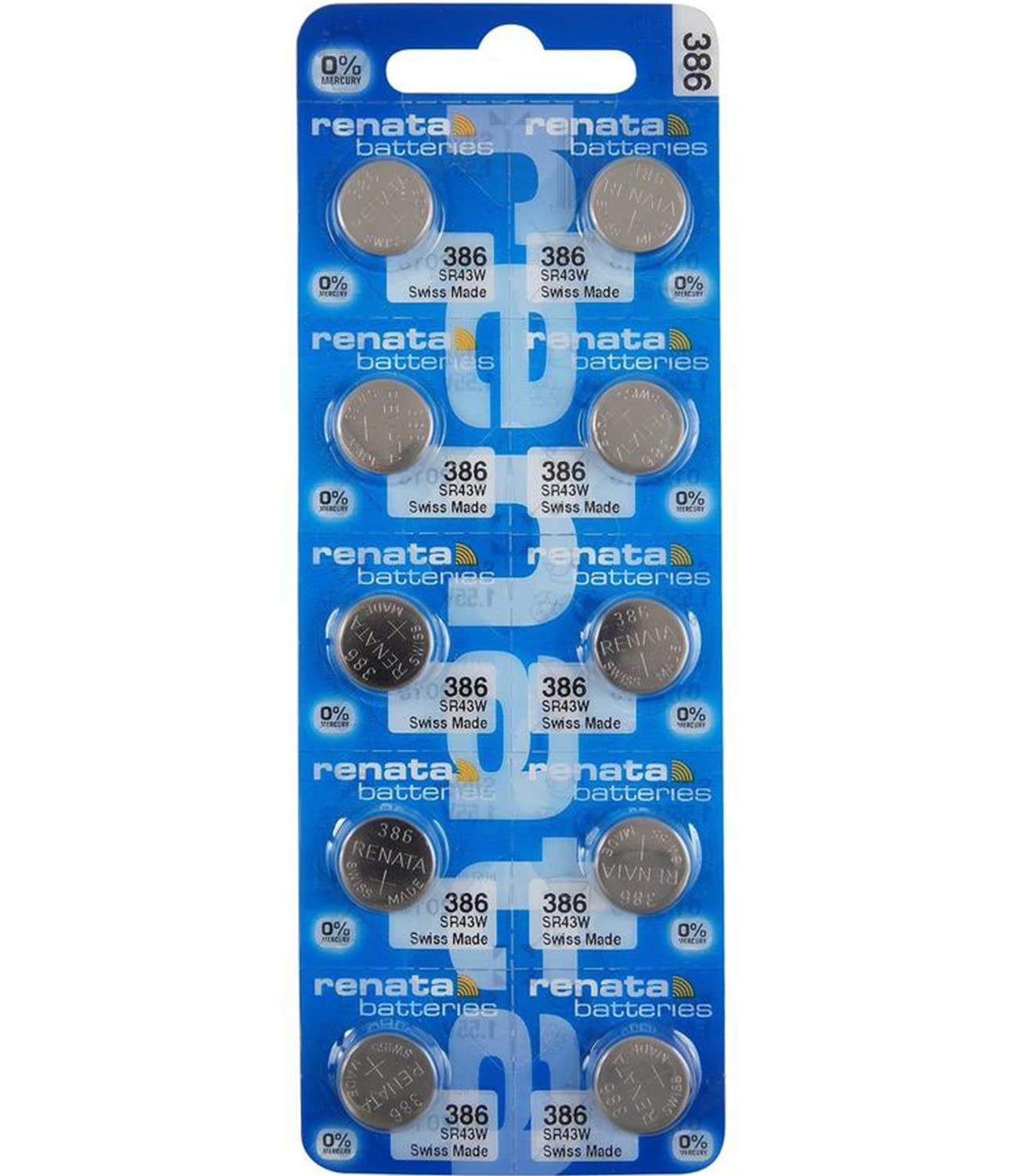 Renata 386 SR43W Silver Oxide Watch Batteries - 1.55V Long-Lasting Power (10-Pack) for Watches, Calculators & Small Electronics