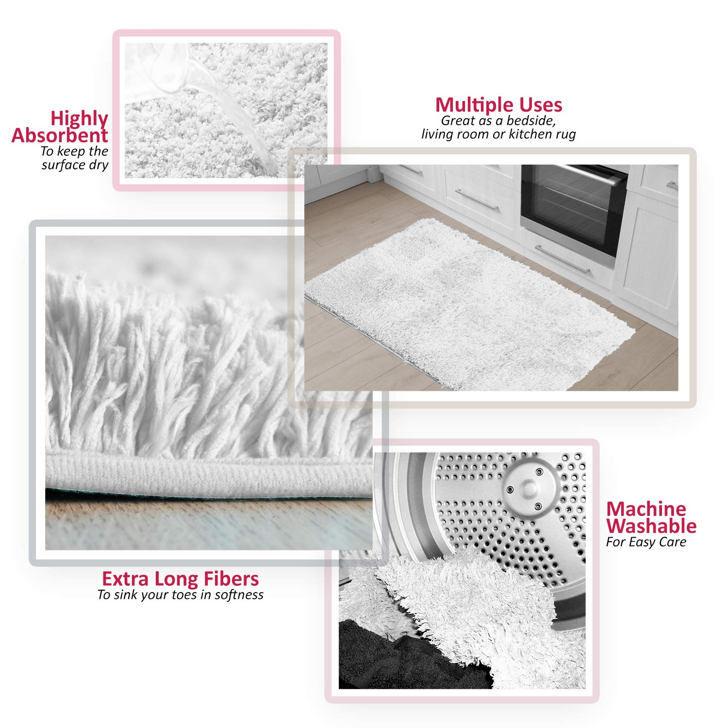 Clara Clark 3-Piece Shaggy Plush Bathroom Rug Set - Ultra Soft Non-Slip Bath Mat, Machine Washable & Quick Dry - Perfect for Bathroom, Shower & Vanity Areas - White