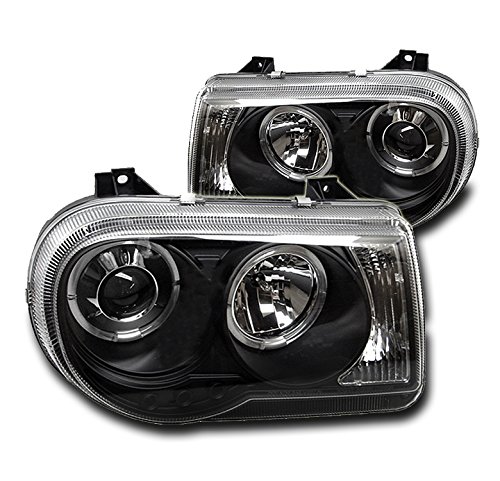 Black Dual Halo Projector Headlights for 2005-2010 Chrysler 300C - High-Performance LED Headlamps for Night Driving & Custom Car Upgrades