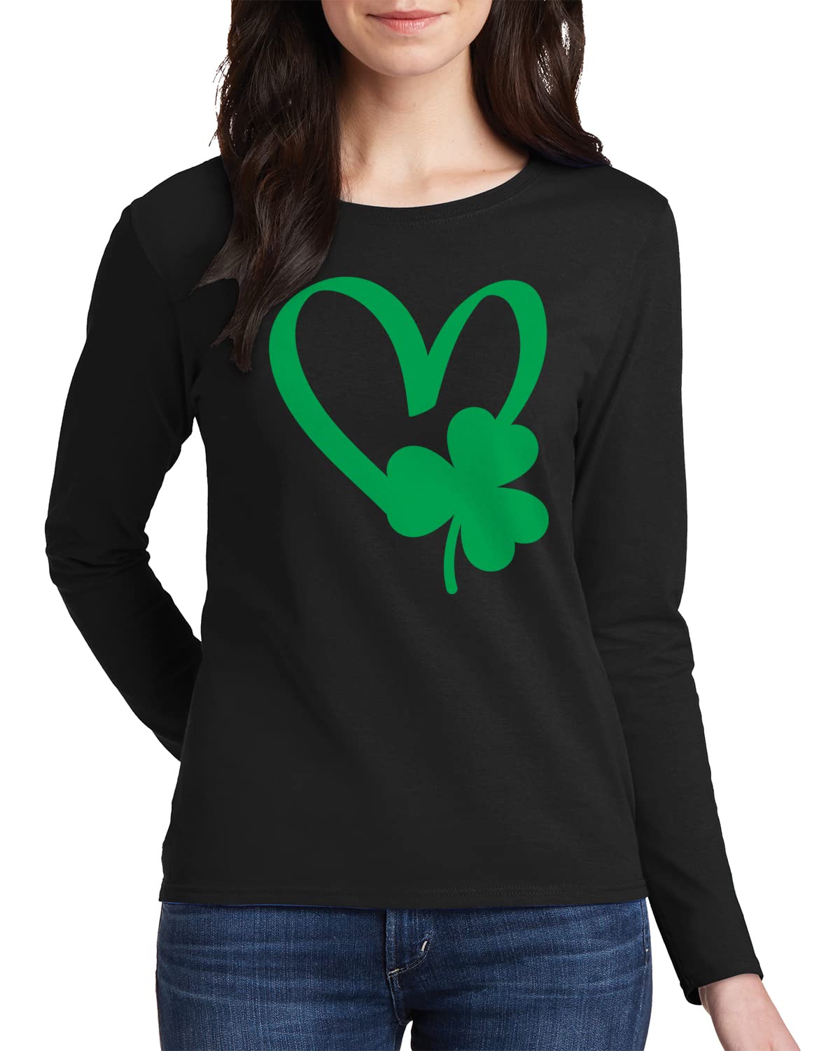 Threadrock Women's St. Patrick's Day Shamrock Heart Print Long Sleeve T-Shirt | Green Irish Theme Top for Holiday Parties & Festive Outfits