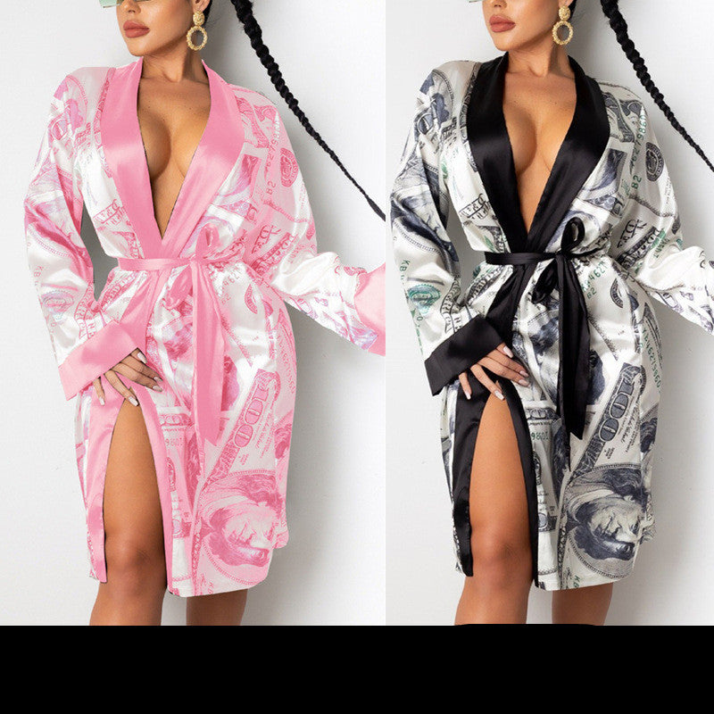 Hirigin Women's Aesthetic Long Sleeve Cardigan Midi Bandage Dress - Sexy Fall Fashion Loungewear & Pajama Set for Date Night, Home Relaxation, and Casual Outings