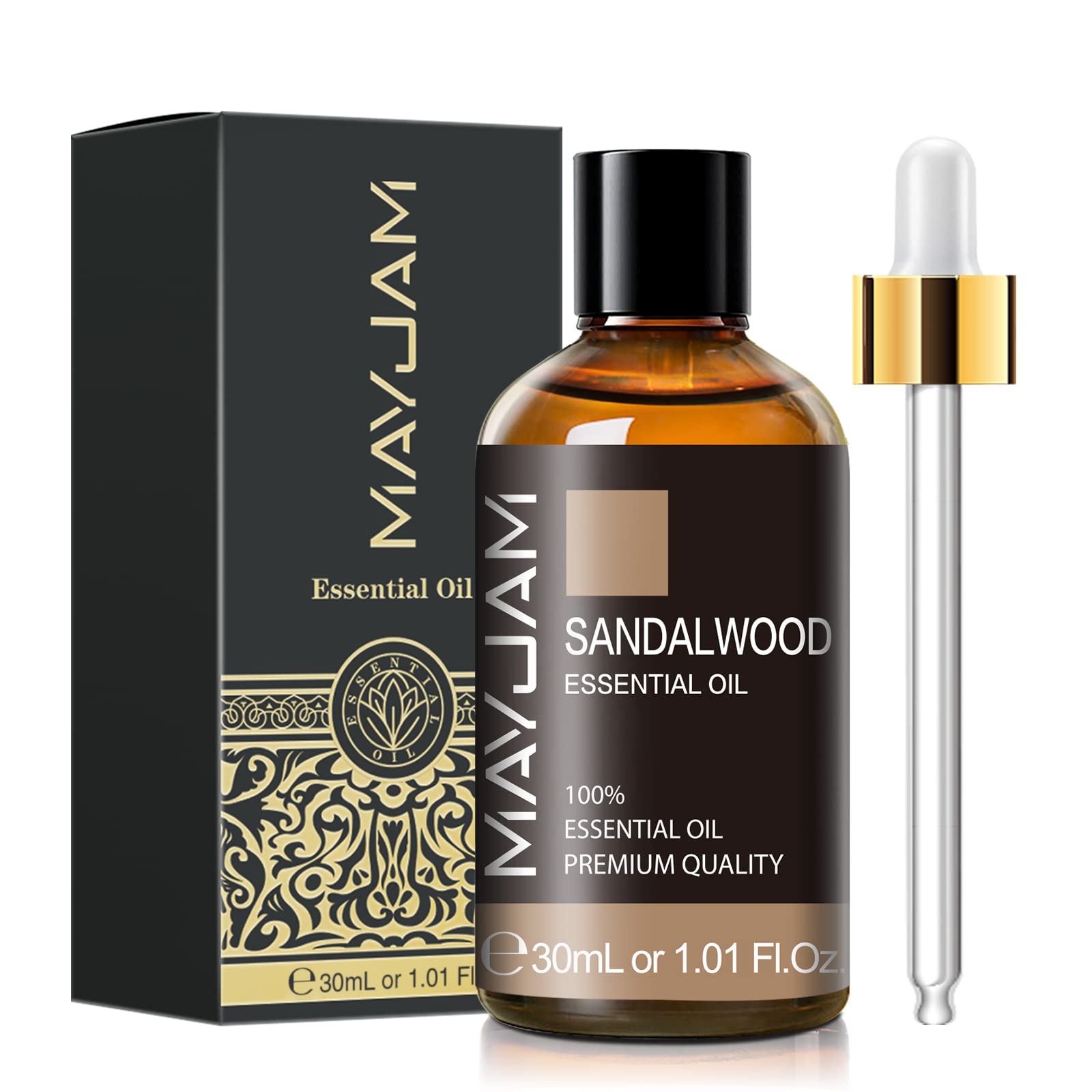 MAYJAM Premium Sandalwood Essential Oil 1.01 FL OZ (30ml) - 100% Pure Aromatherapy Oil for Diffusers, Candles, Massage, Home, Office, Car & Yoga Relaxation - Natural Stress Relief & Meditation Aid