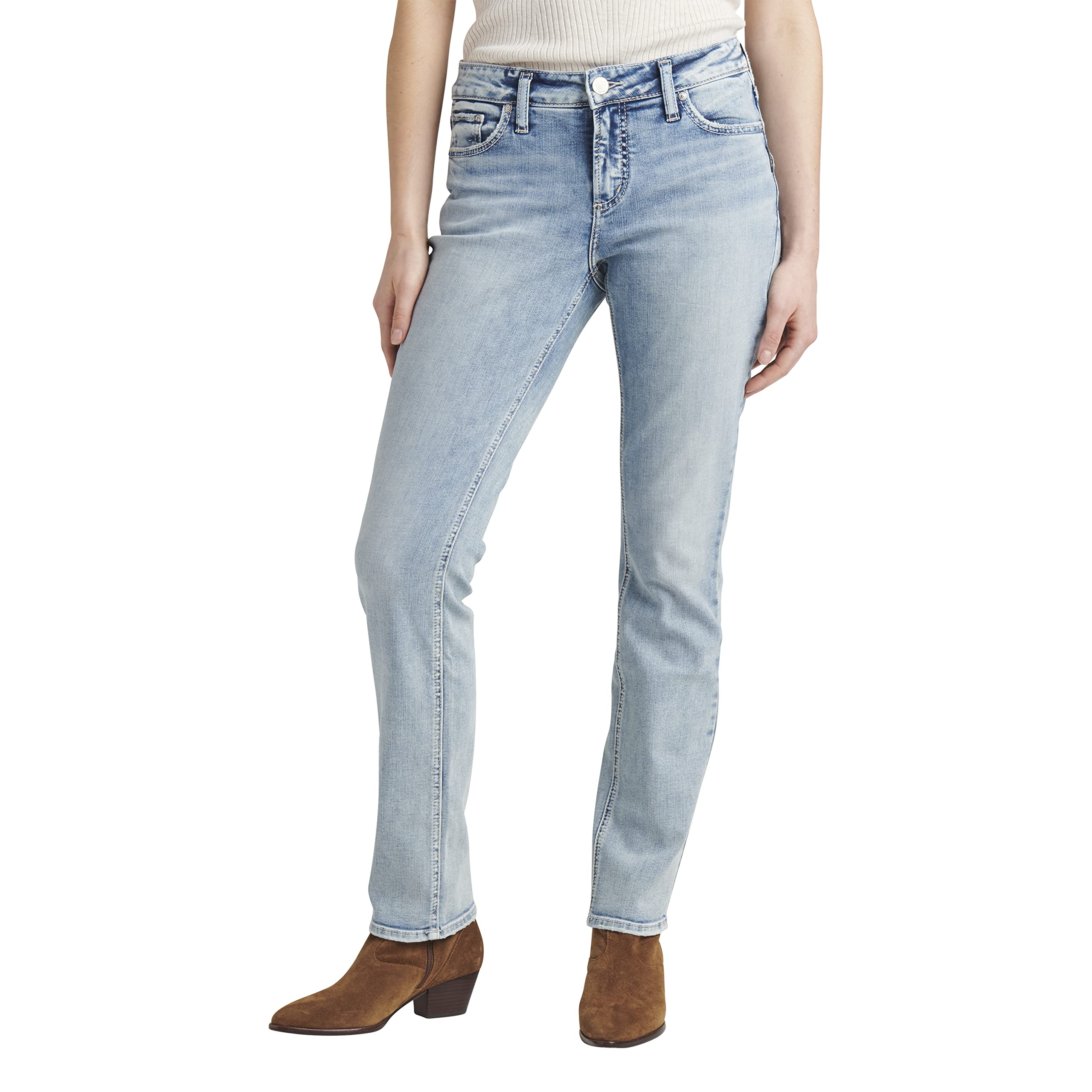 Silver Jeans Co. Women's Elyse Mid Rise Straight Leg Jeans - Comfortable Stretch Denim Pants for Casual Wear & Everyday Outfits