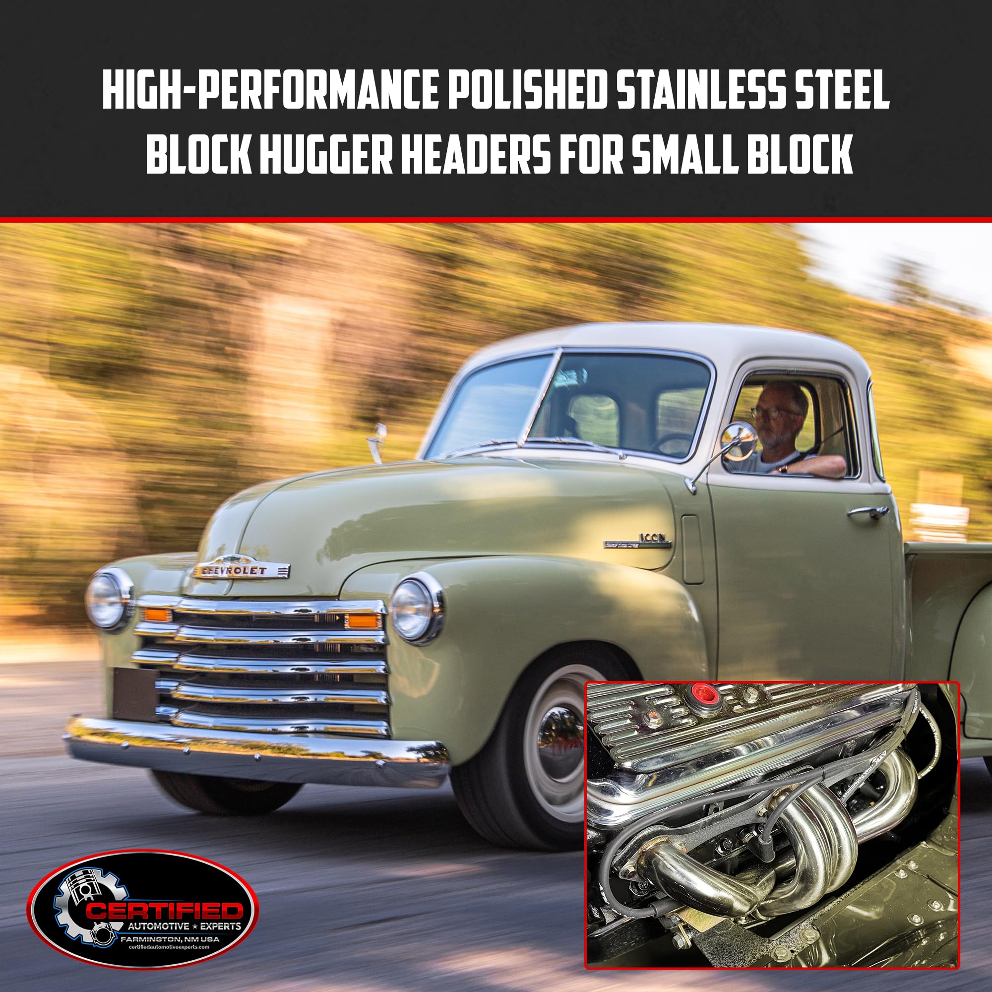 Polished Stainless Steel Block Hugger Headers for Small Block Chevy SBC 265 283 302 305 327 350 400 - Shorty Exhaust Manifolds for Hot Rods, Street Rods & Custom Builds - Not Compatible with Angle Plug Heads or Clamshell Mounts - Perfect for Tight Engine Bays & Performance Upgrades