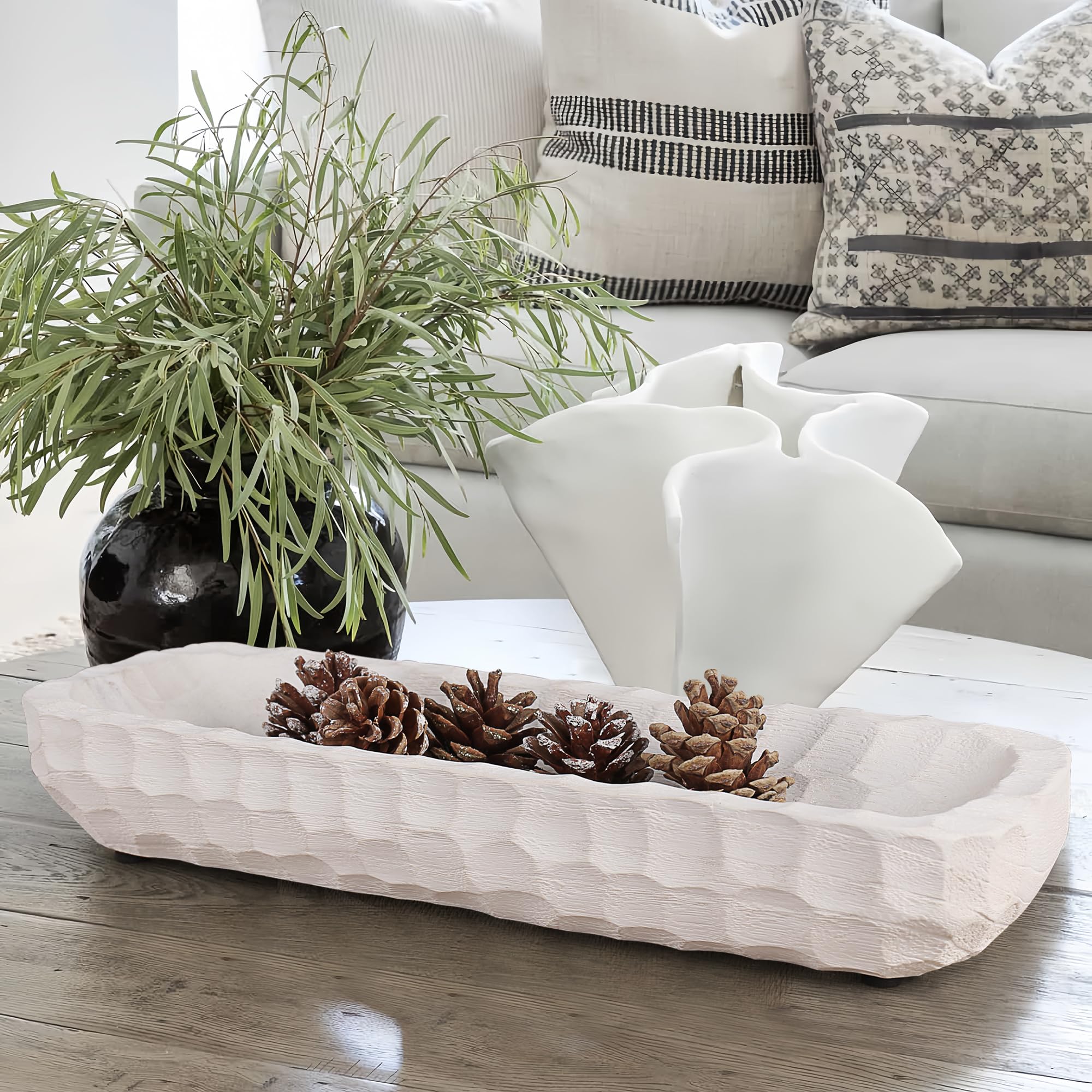 Hand Carved Wooden Decorative Bowl – Farmhouse Boho Rustic Style Centerpiece for Dining Table, Coffee Table & Shelf Decor (16.1