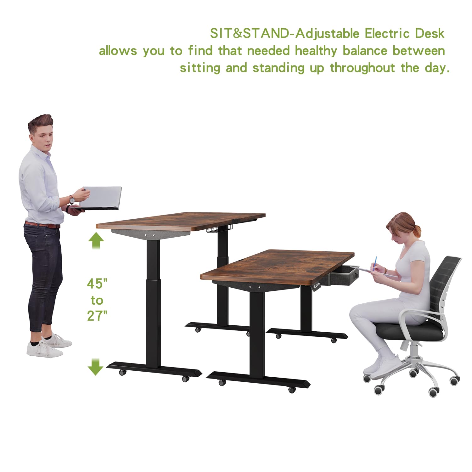Dual Motor Electric Standing Desk 63 x 30 Inches - Height Adjustable with 4 Memory Presets, Drawer & Splice Board | Home Office Computer Desk (Rustic Brown Top + Black Frame) for Work, Study & Gaming