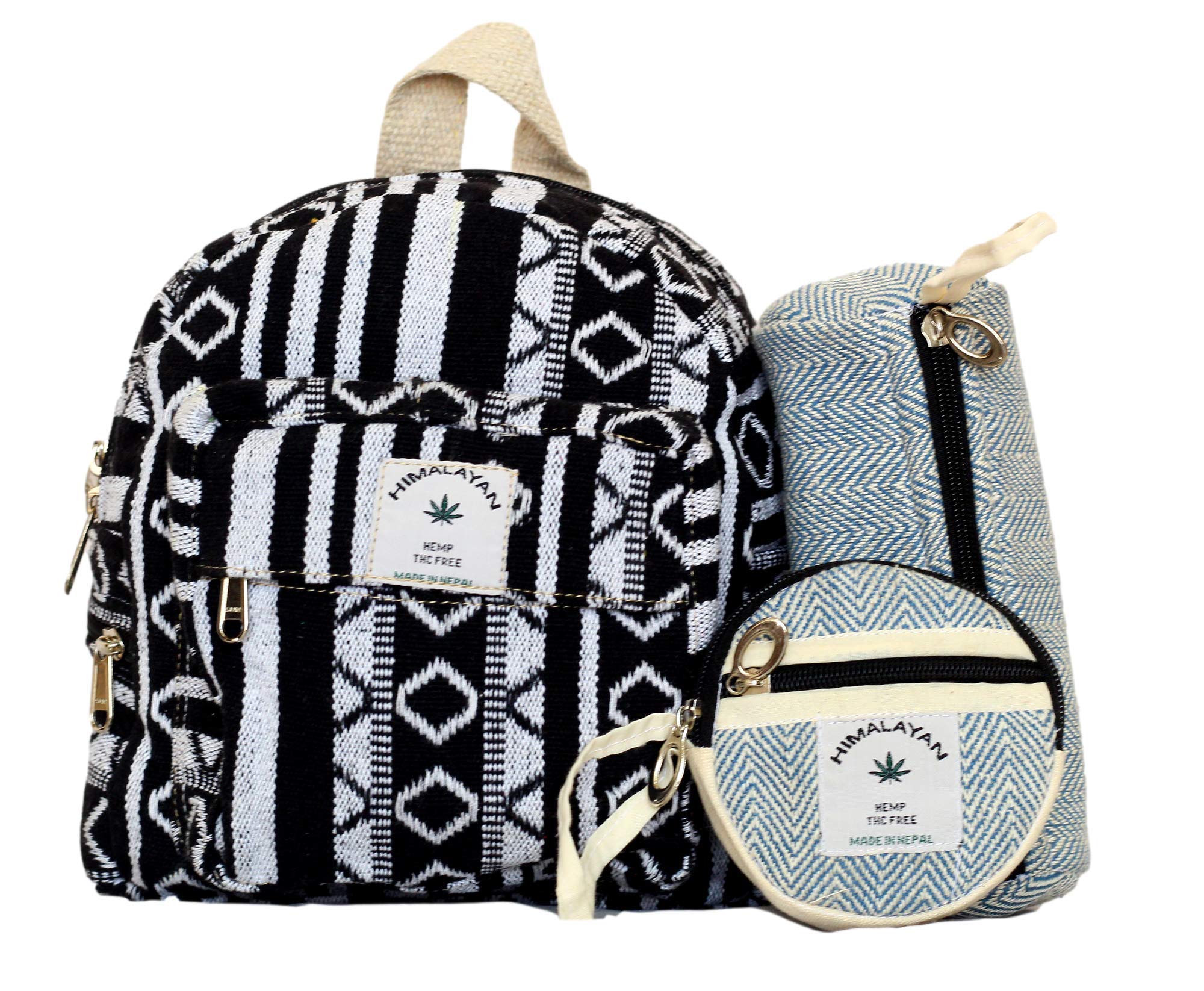 Mini Backpack Set for Girls - Lightweight Hemp Pen Case & Coin Purse - Black & White Small Backpack for University, School, Travel & Daily Use