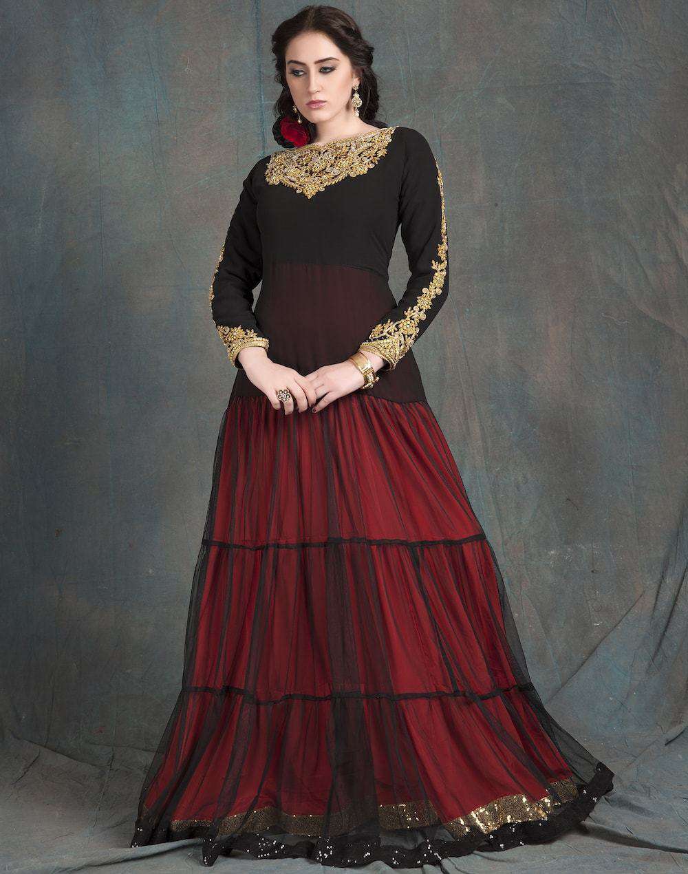 Elegant Black and Red Hand-Beaded Party Gown - Designer Islamic Abaya Dress MYPF1213 for Weddings, Eid Celebrations & Special Occasions