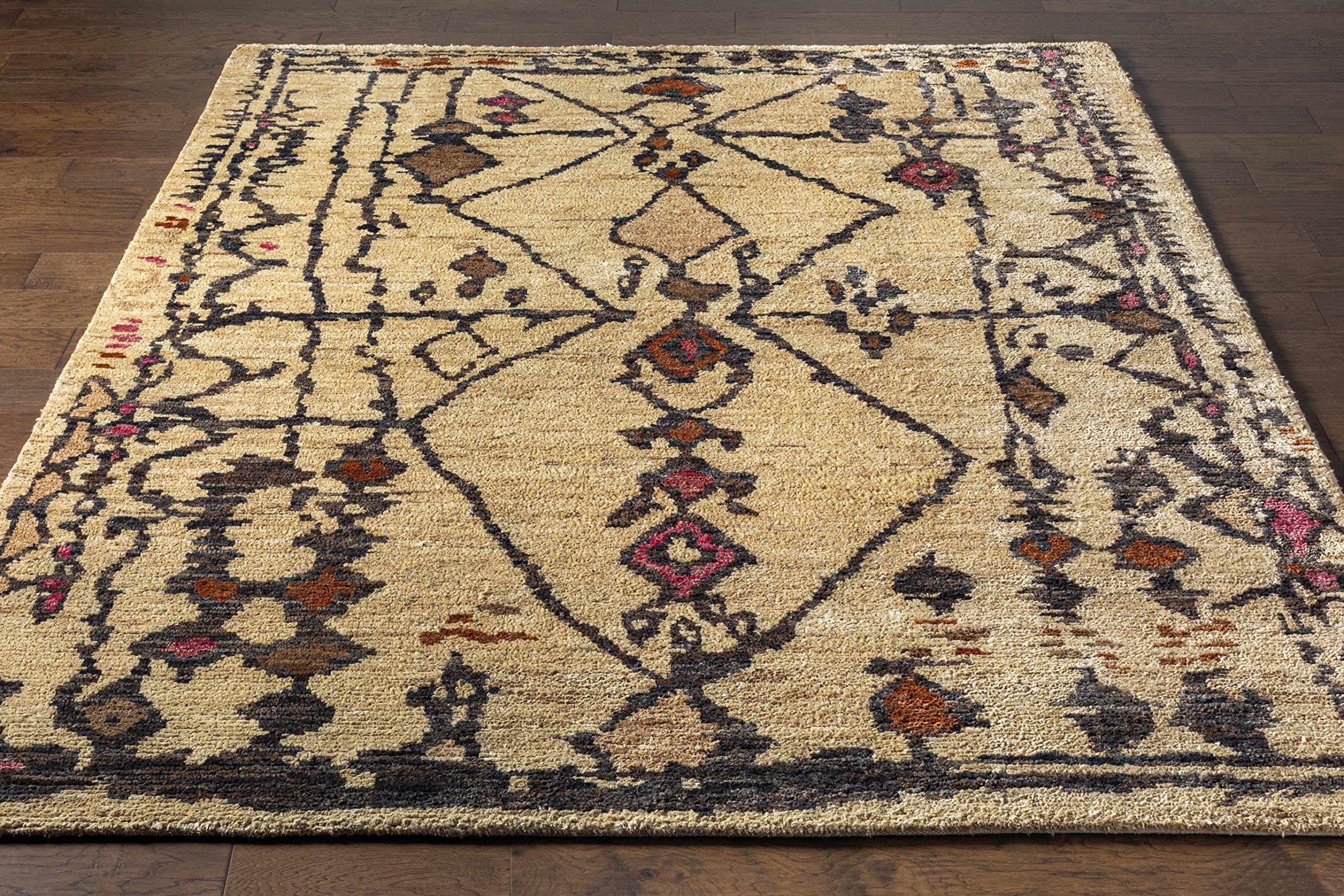 Bohemian Transitional Jute Area Rug for Living Room & Bedroom - 8' Round Handwoven Natural Fiber Rug in Burnt Orange, Dark Pink & Beige - Perfect for Boho Chic, Farmhouse & Coastal Decor Styles