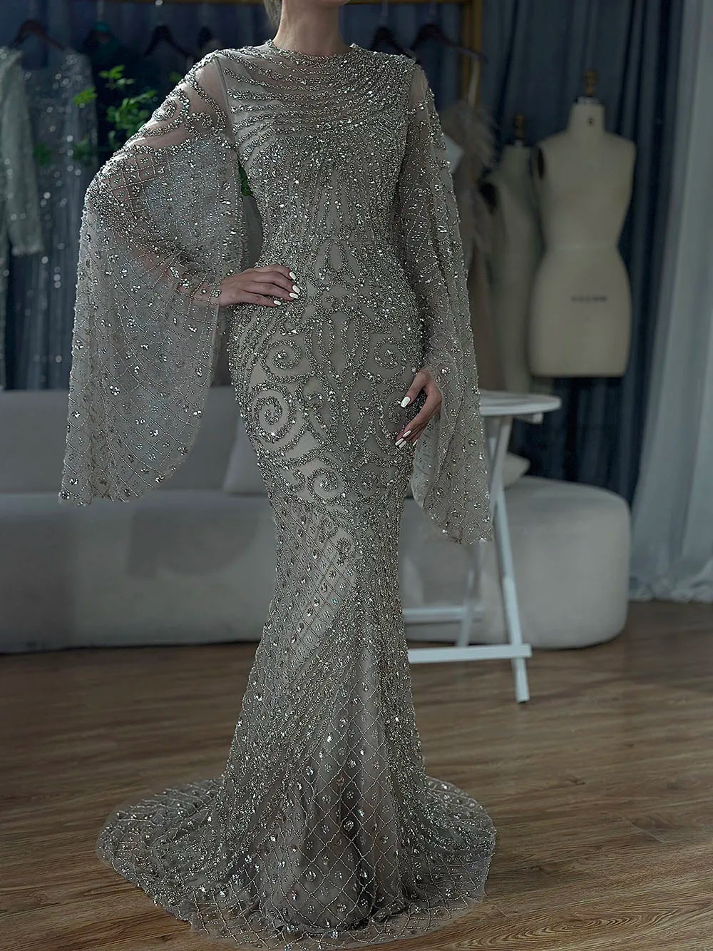 Luxury Dubai Flared Sleeves Caramel Beaded Saudi Arabic Mermaid Evening Dress Gown for Women - Formal Occasion Wedding Party Prom Night LA72771