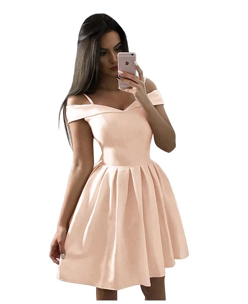 Xijun Women's Cold Shoulder Short Satin Homecoming Dress 2022 | A-Line Prom Party Dress with Pockets | Junior Formal Dress for Dances, Weddings & Special Occasions