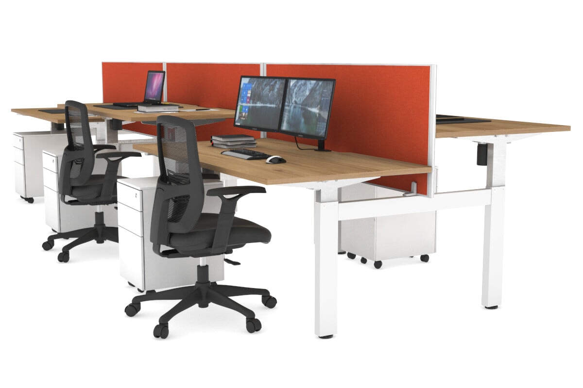 Height Adjustable 6-Person H Bench Workstation with White Frame - 1600L x 800W, Cable Management Scallop | Ideal for Office, Coworking Spaces & Collaborative Work Environments