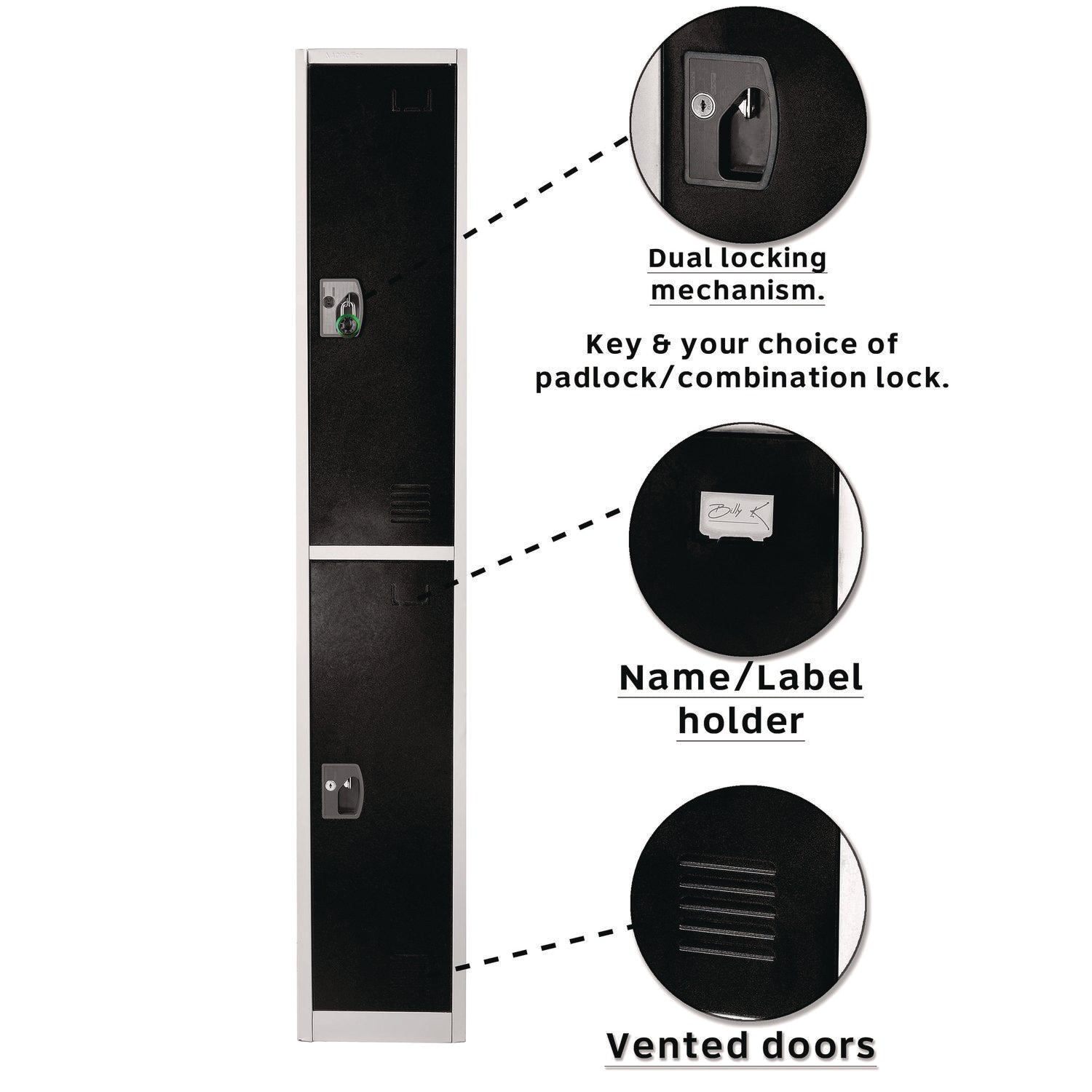 Steel Storage Locker with 2 Compartments - 12 x 12 x 72 Inches, Black - Heavy-Duty Metal Locker for Office, Gym, School & Warehouse Organization