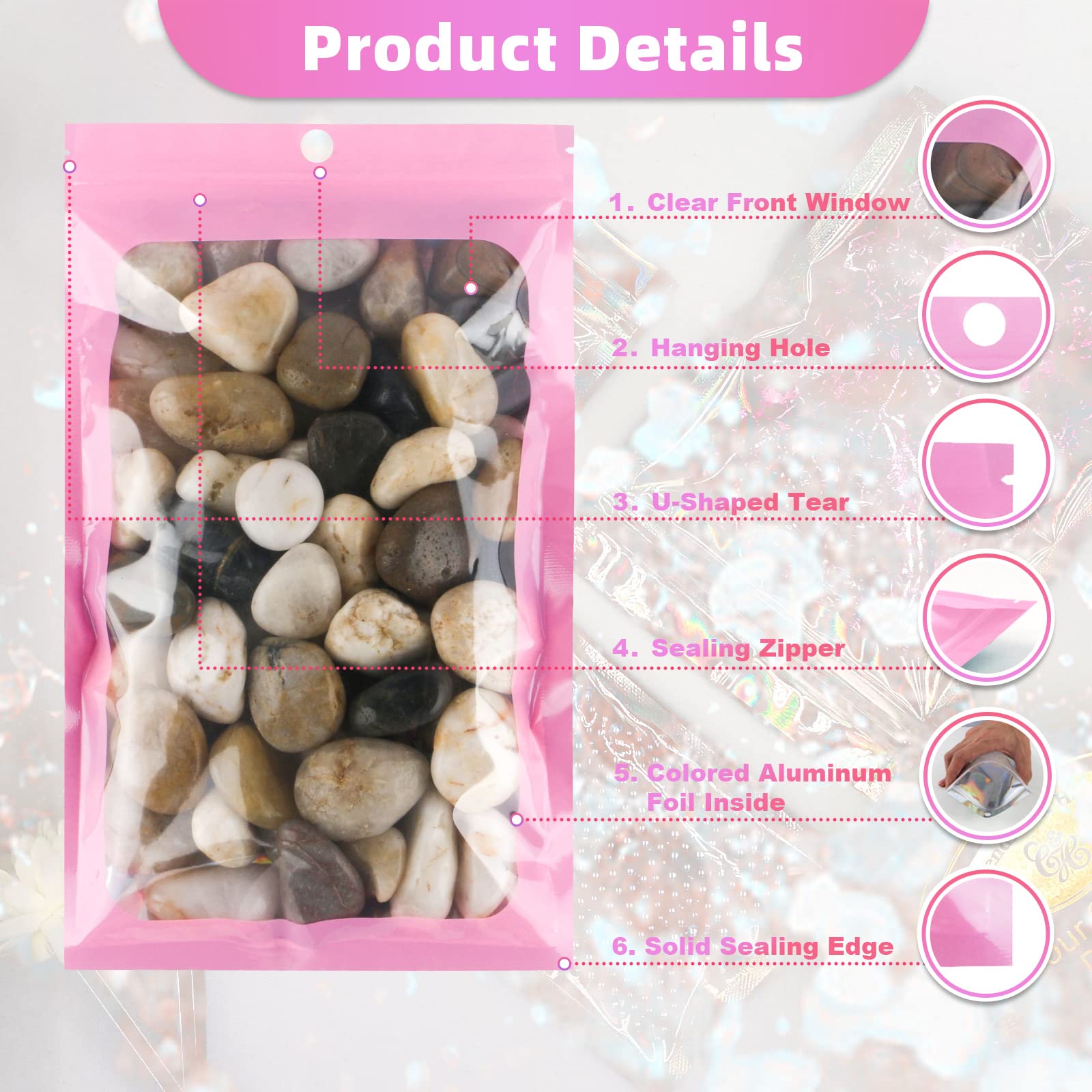 100 Pack Resealable Mylar Bags with Front Window & Holographic Design - 4.1
