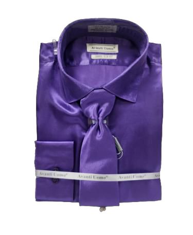 AVANTI UOMO Men's Slim Fit Satin Dress Shirt with Tie - Elegant Purple DNS06 for Weddings, Parties & Formal Events