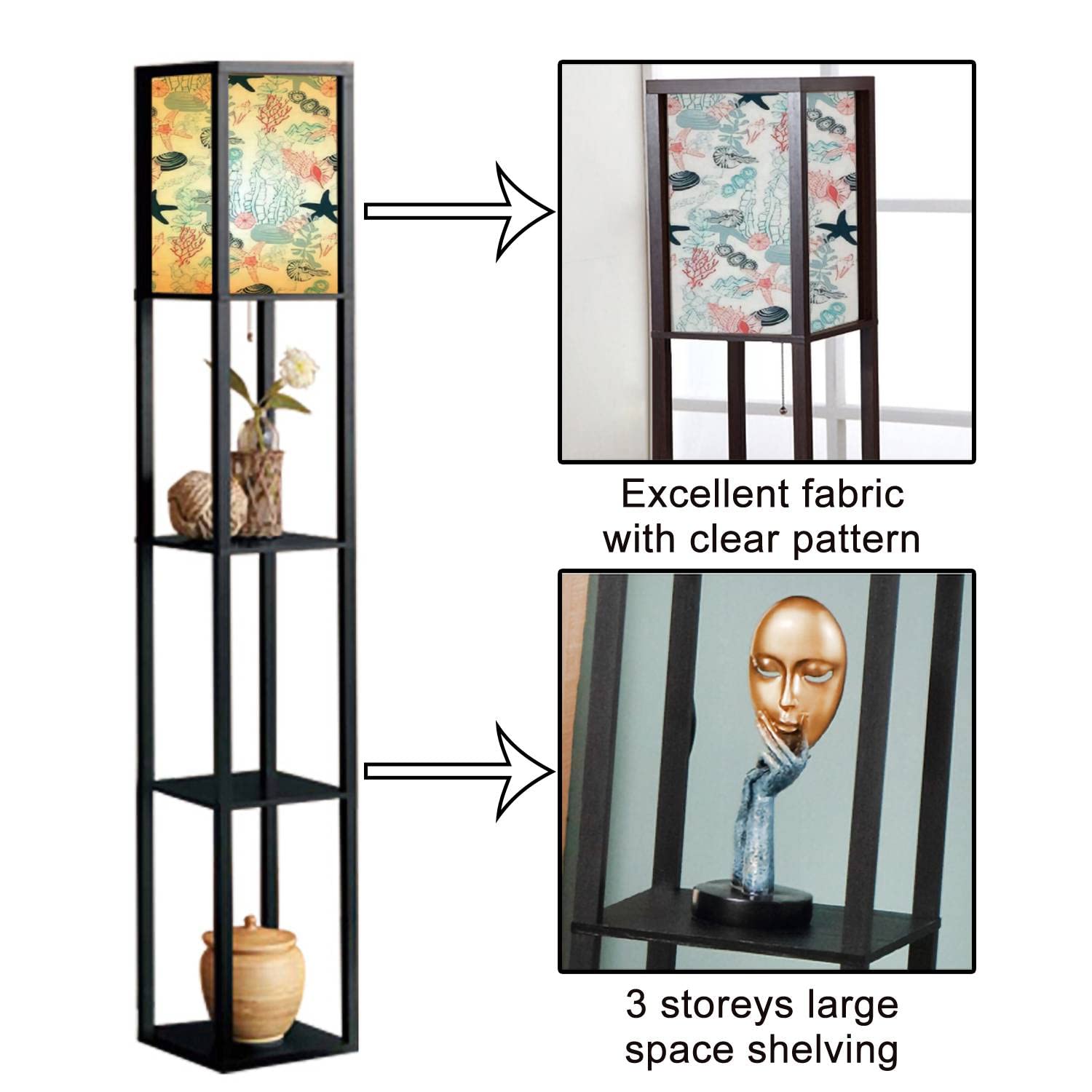 Seashell & Starfish Print Floor Lamp with Shelves - Flaxen Fabric Shade Tall Standing Corner Lamp for Living Room & Bedroom - Coastal Aesthetic Decor for Beach House, Nursery, or Office