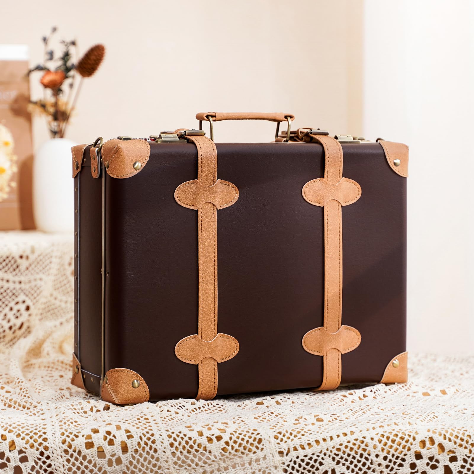 Vintage Leather Carry-On Suitcase - Cute Non-Wheeled Mini Trunk Overnight Bag with Adjustable Shoulder Strap | Perfect for Weekend Getaways, Business Trips & Airplane Travel