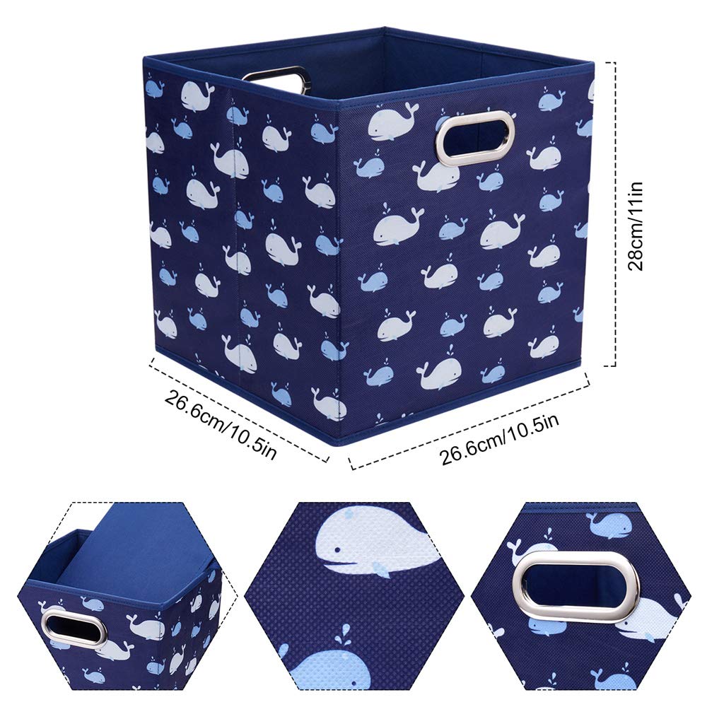 Whale Collapsible Fabric Storage Bins - Set of 3, Blue Foldable Cube Organizers 10.5x10.5x11 Inches for Closet, Shelves, Drawers & Home Organization - Perfect for Bedroom, Nursery & Office Storage Solutions