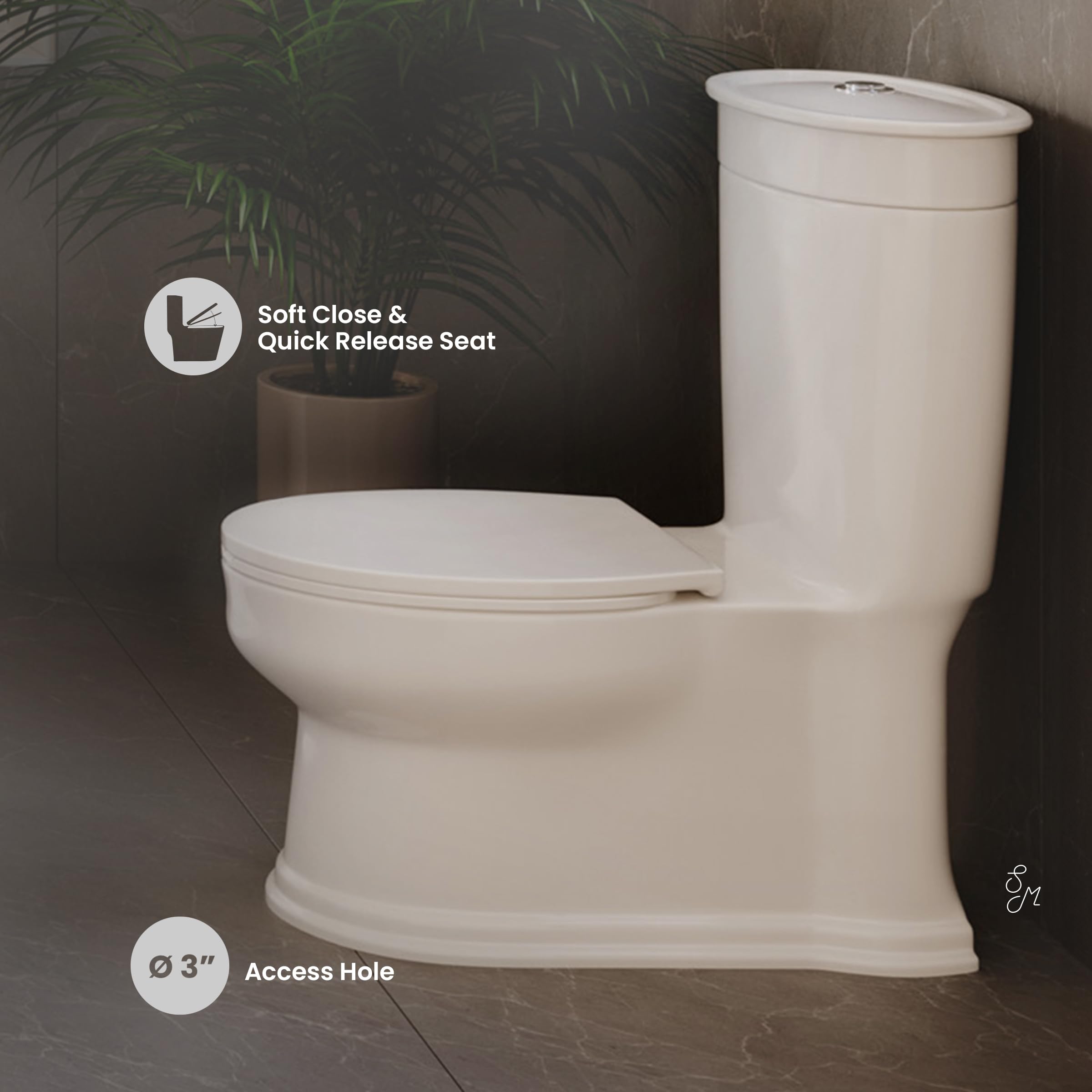 Santorini Elongated One-Piece Toilet with Dual Flush 1.1/1.6 GPF - Water Efficient White Bathroom Toilet for Modern Homes & Commercial Spaces